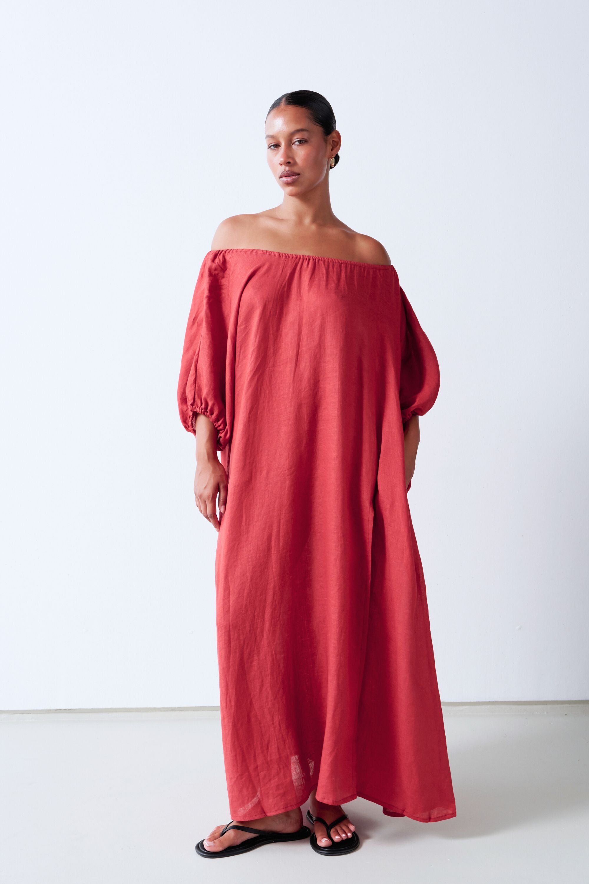 Valdis Linen Dress, Desert | Off-Shoulder Maxi