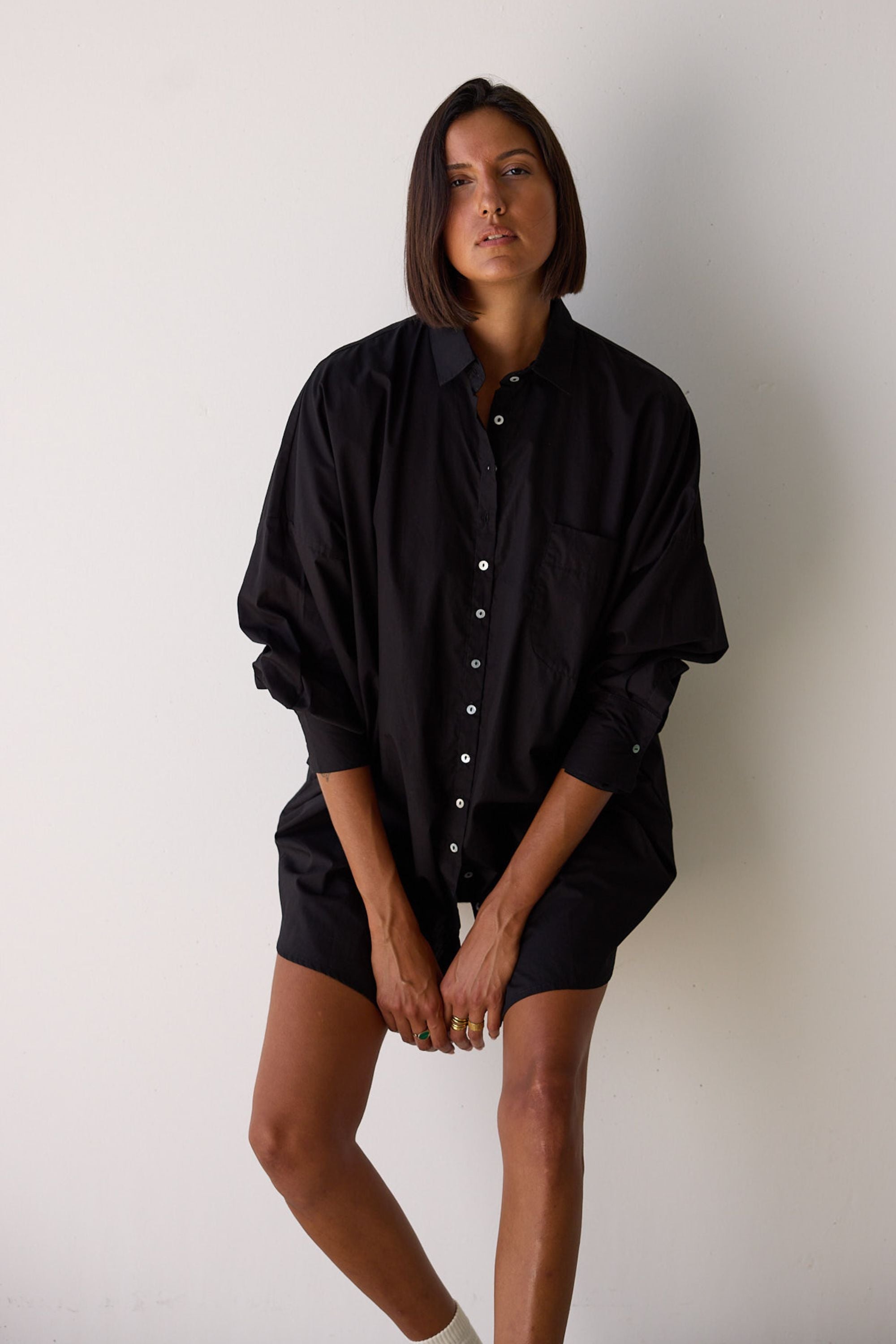 Stevie Oversized Poplin Shirt Dress Black — UNIKSPACE