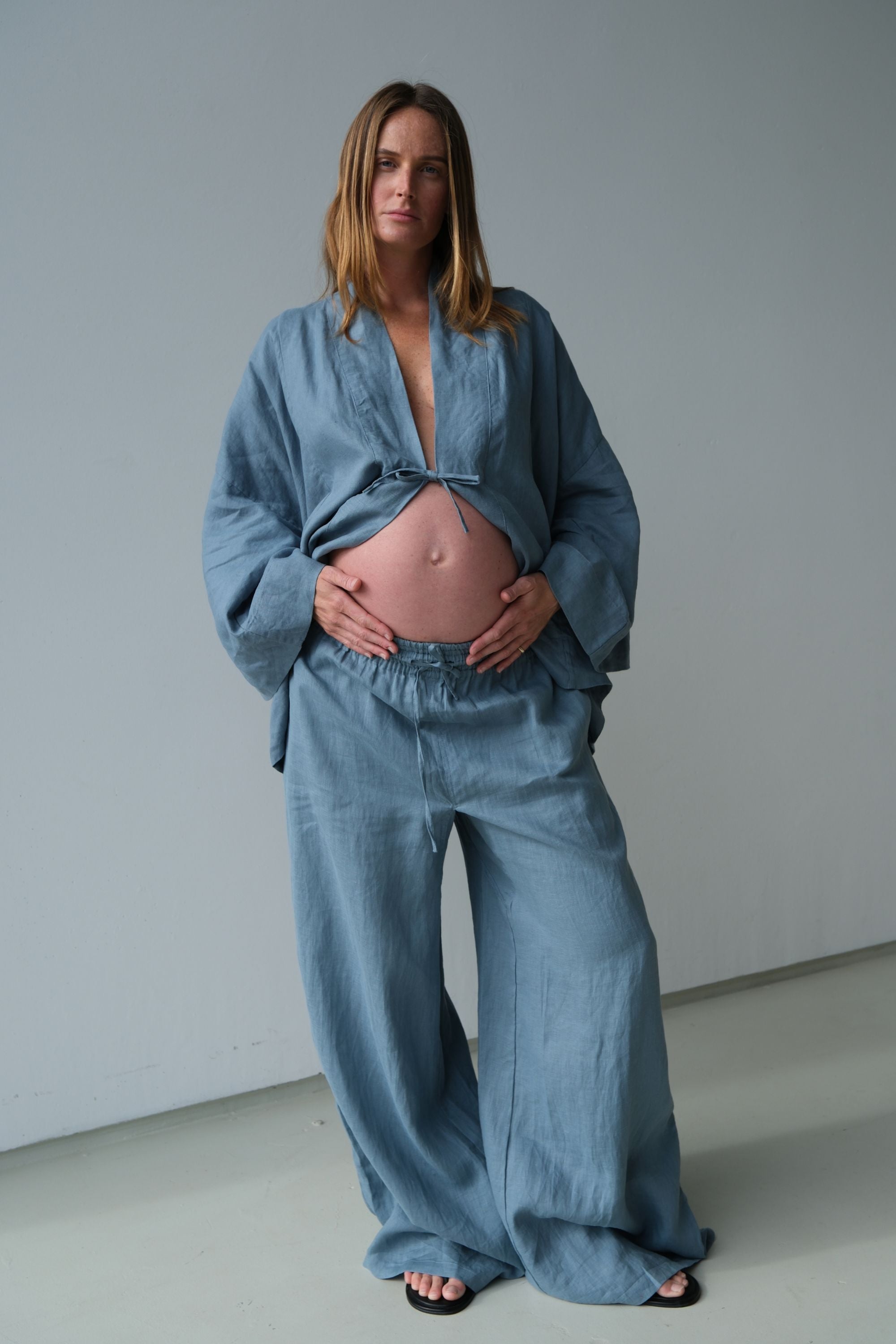 Jonathan Wide Leg Linen Pant Steel Blue