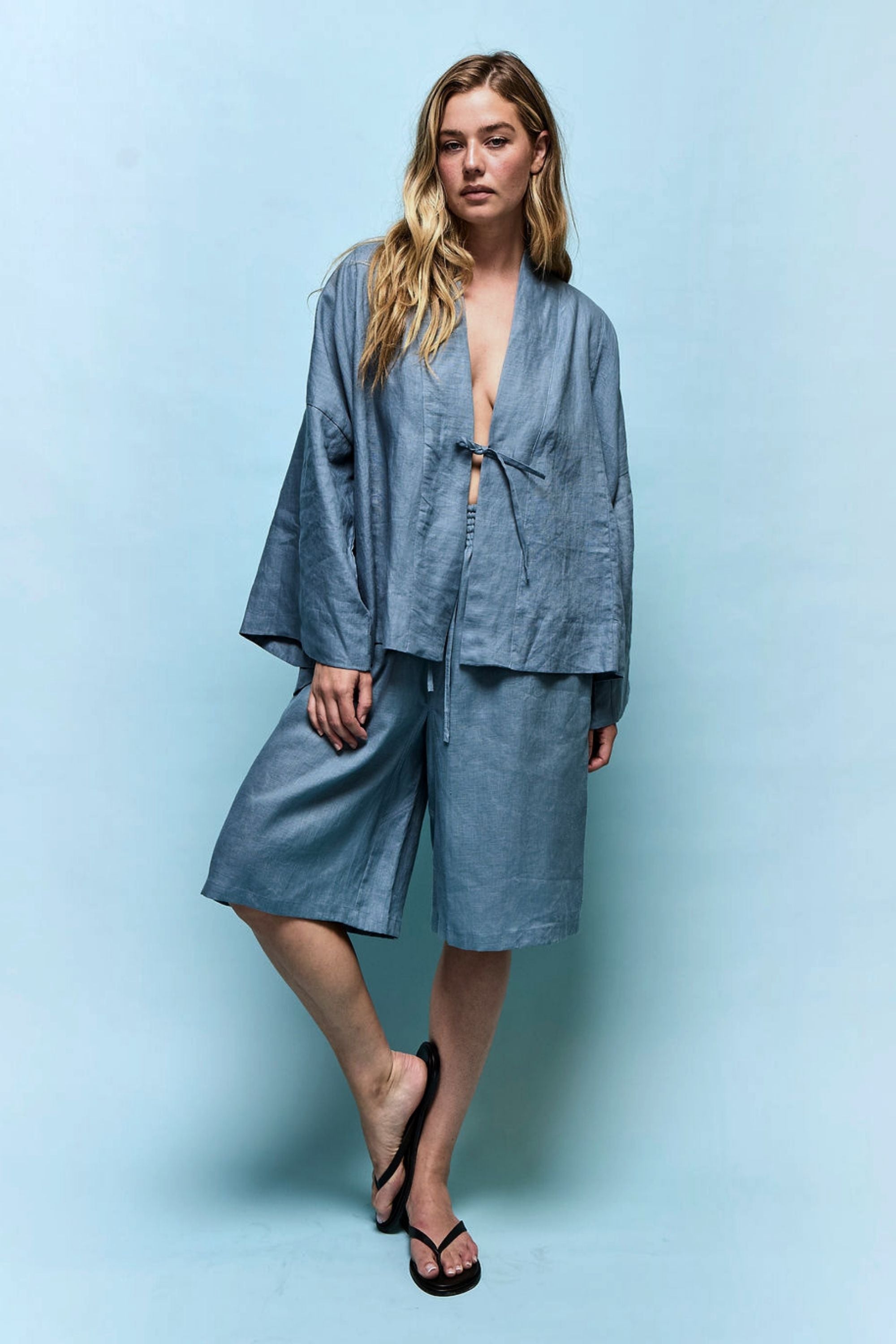 Anya Linen Kimono Steel Blue