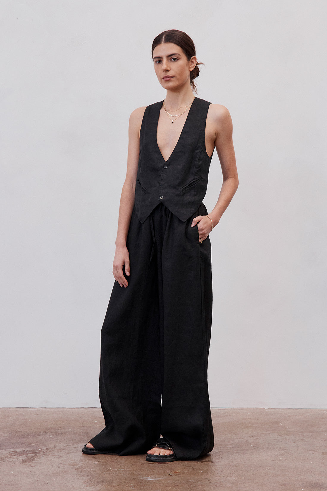 Jonathan Wide Leg Linen Pant Black