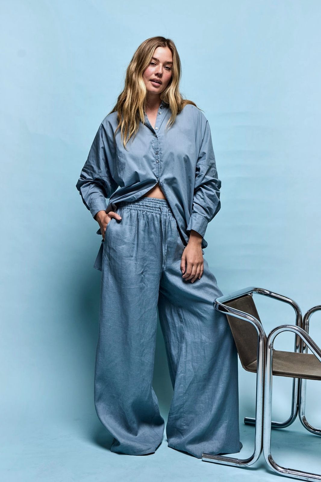 Jonathan Wide Leg Linen Pant Steel Blue