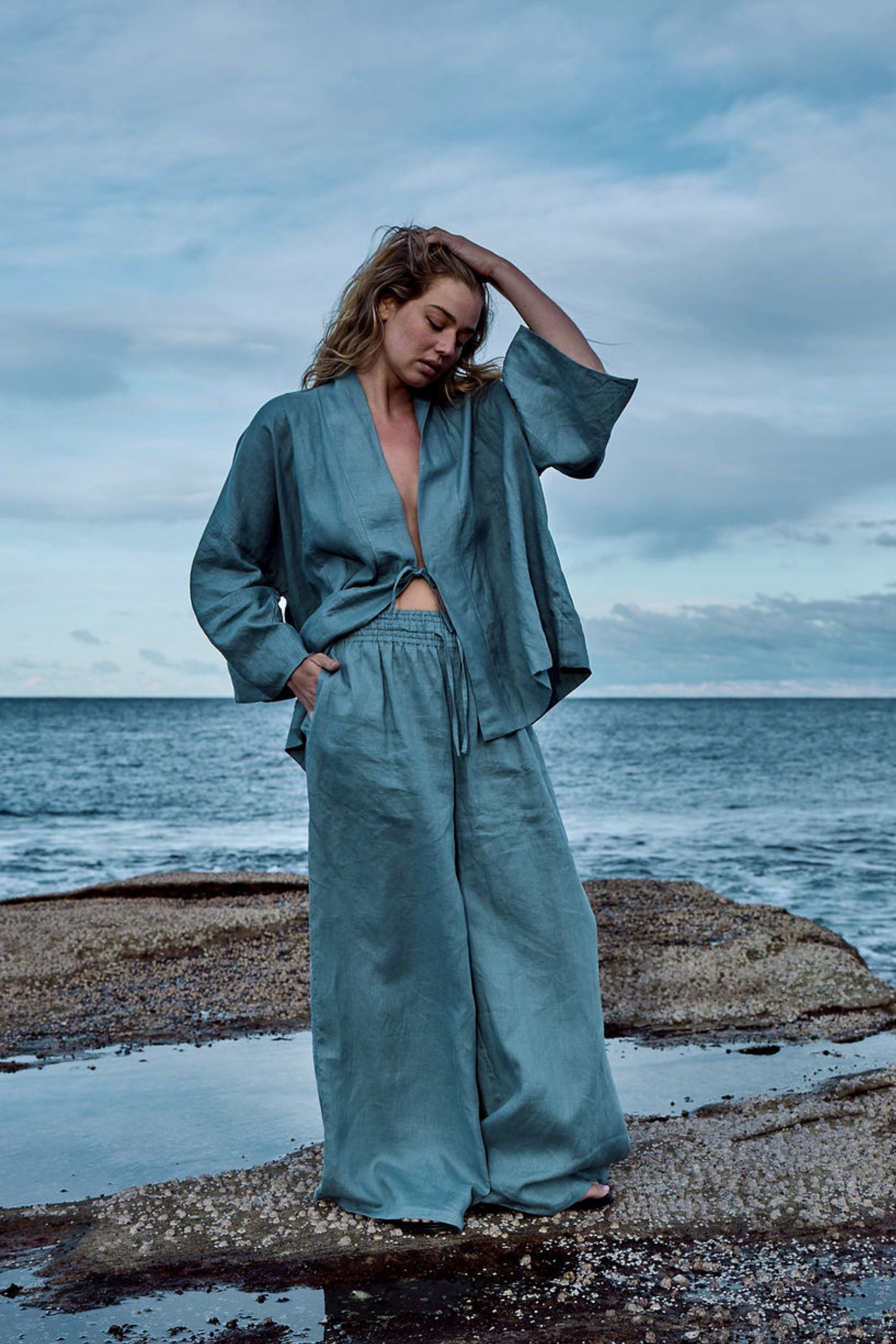 Jonathan Wide Leg Linen Pant Steel Blue