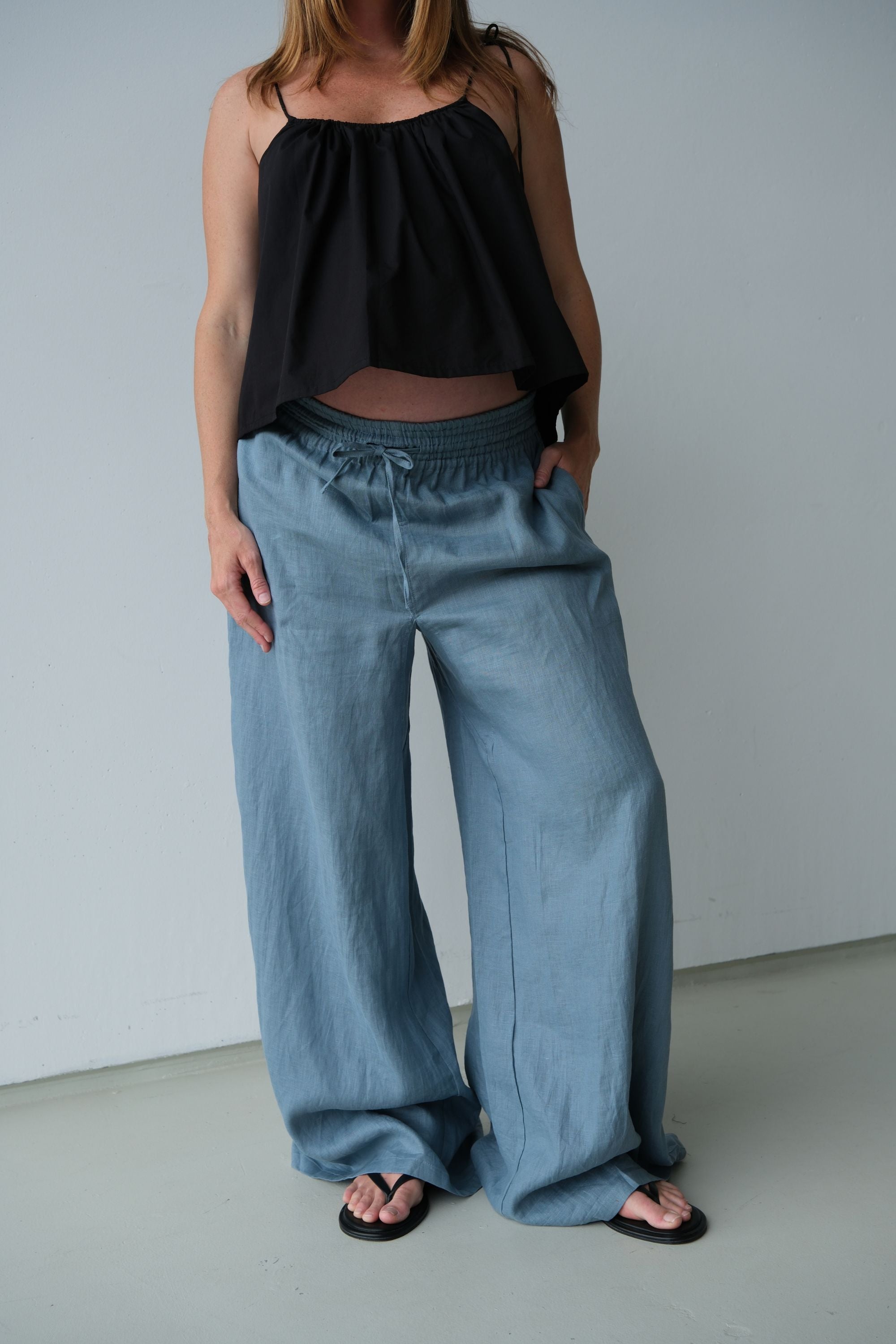 Jonathan Wide Leg Linen Pant Steel Blue