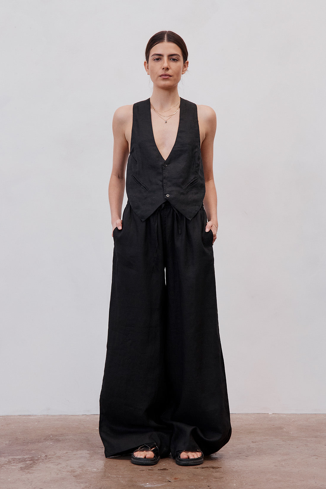 Jonathan Wide Leg Linen Pant Black