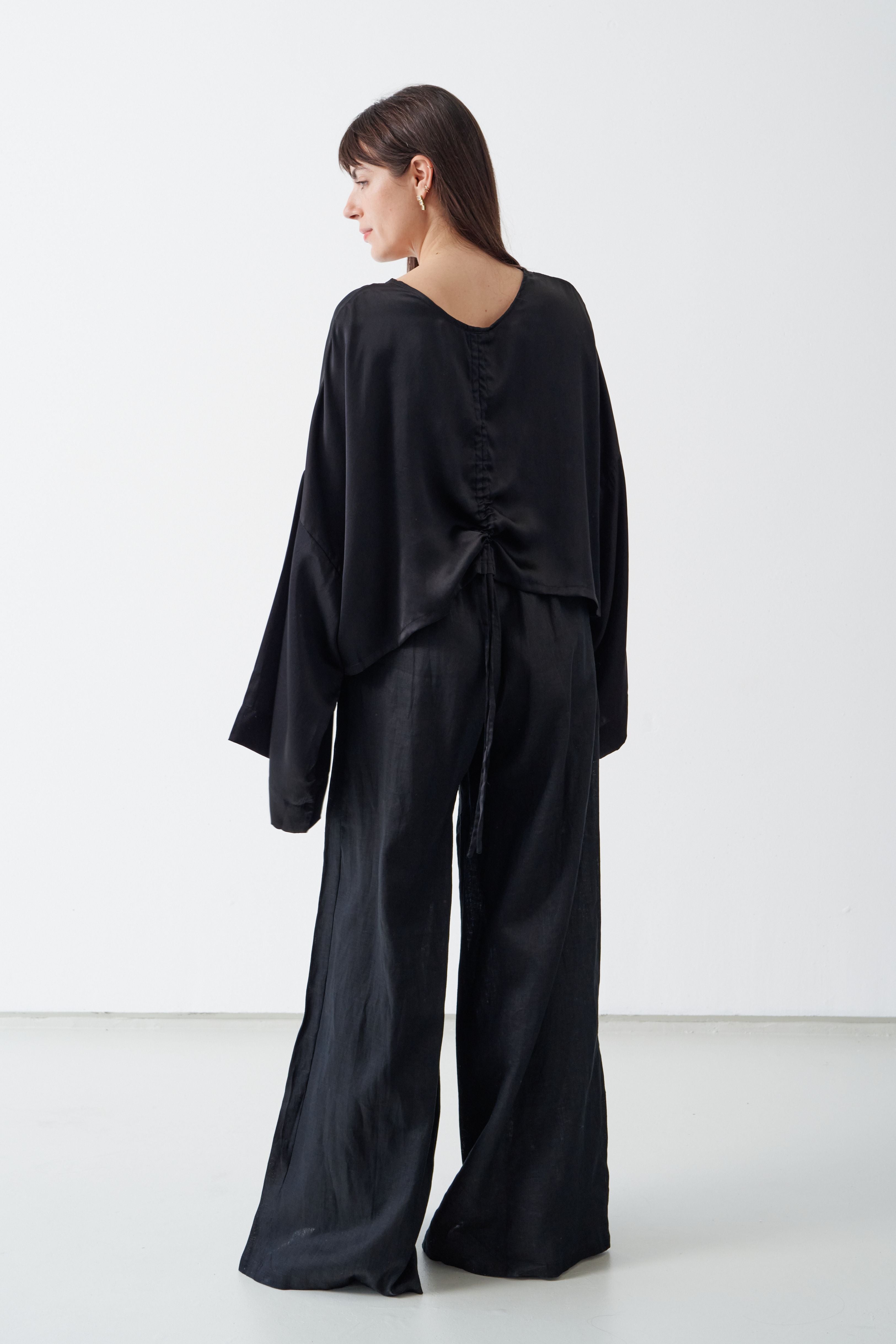 Jonathan Wide Leg Linen Pant Black