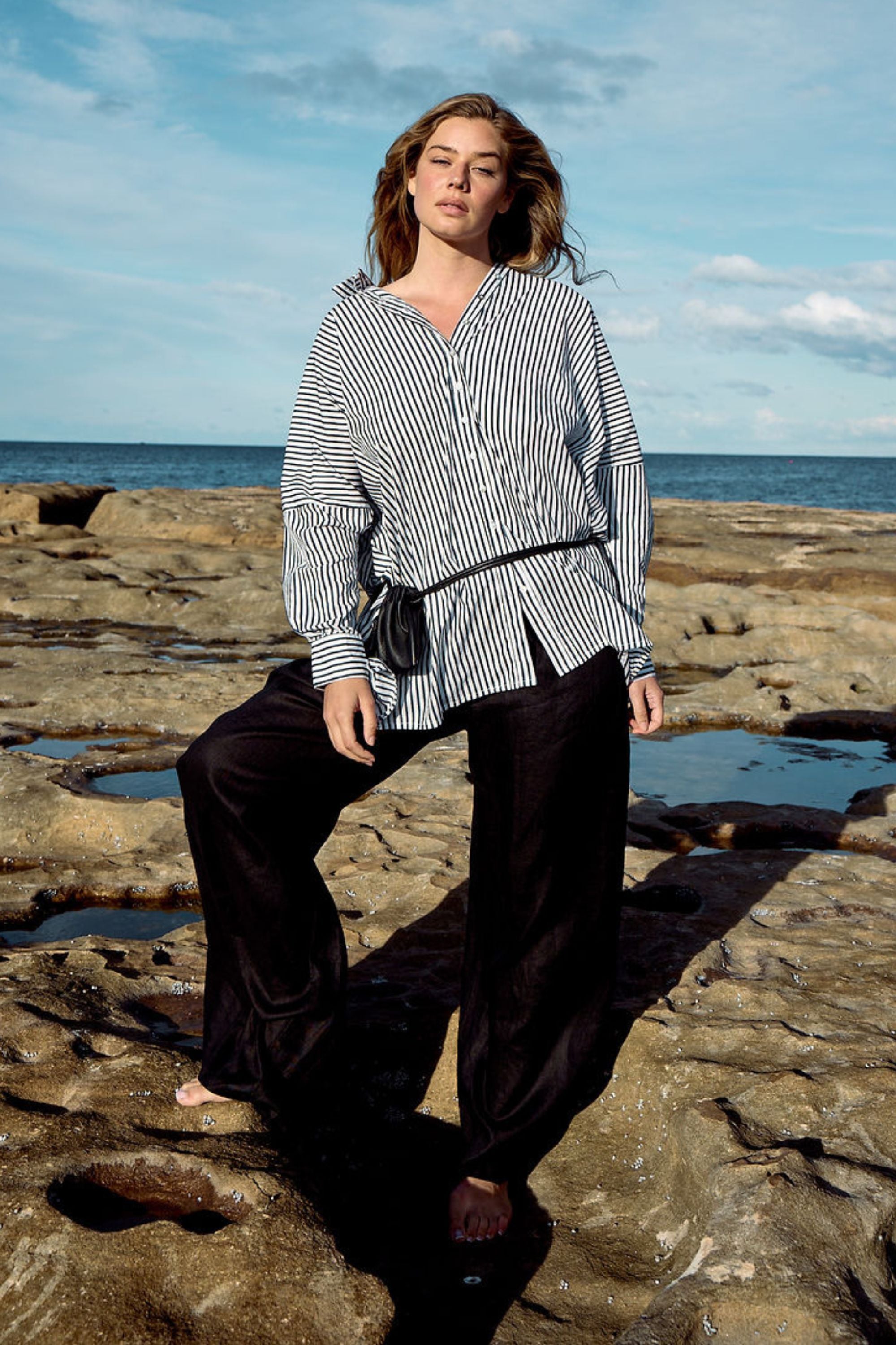Oscar Oversized Cotton Poplin Shirt Midnight Stripe