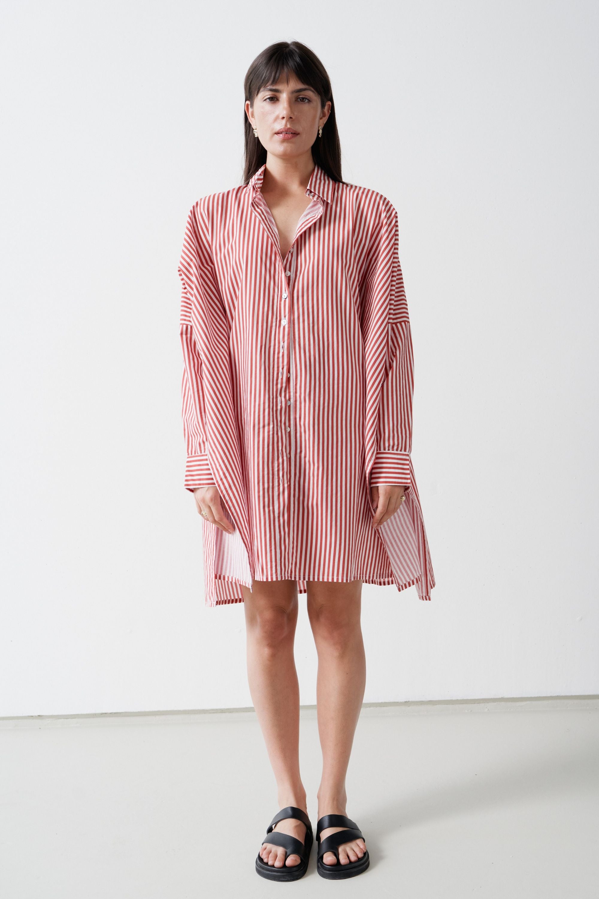 Oscar Oversized Cotton Poplin Shirt Cherry Stripe