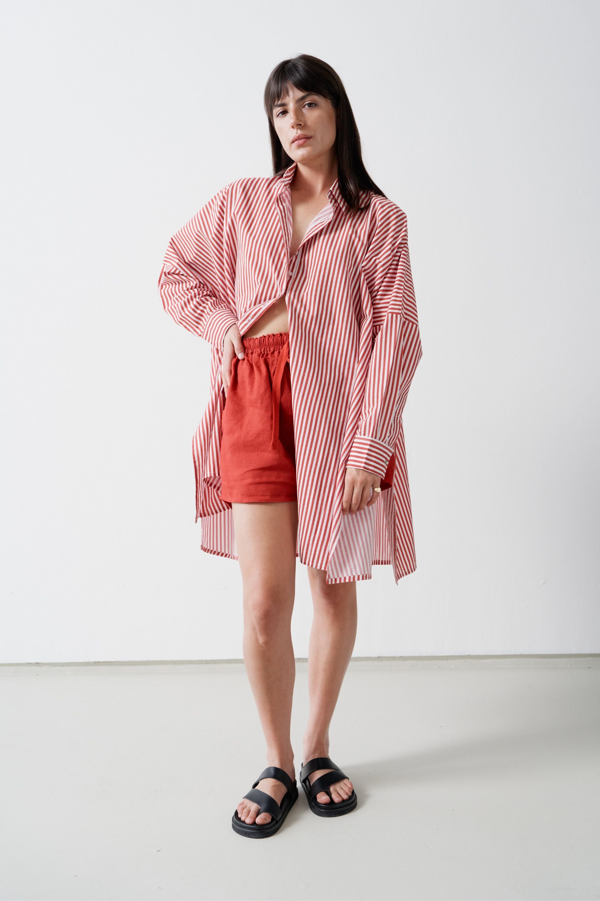 Oscar Oversized Cotton Poplin Shirt Cherry Stripe