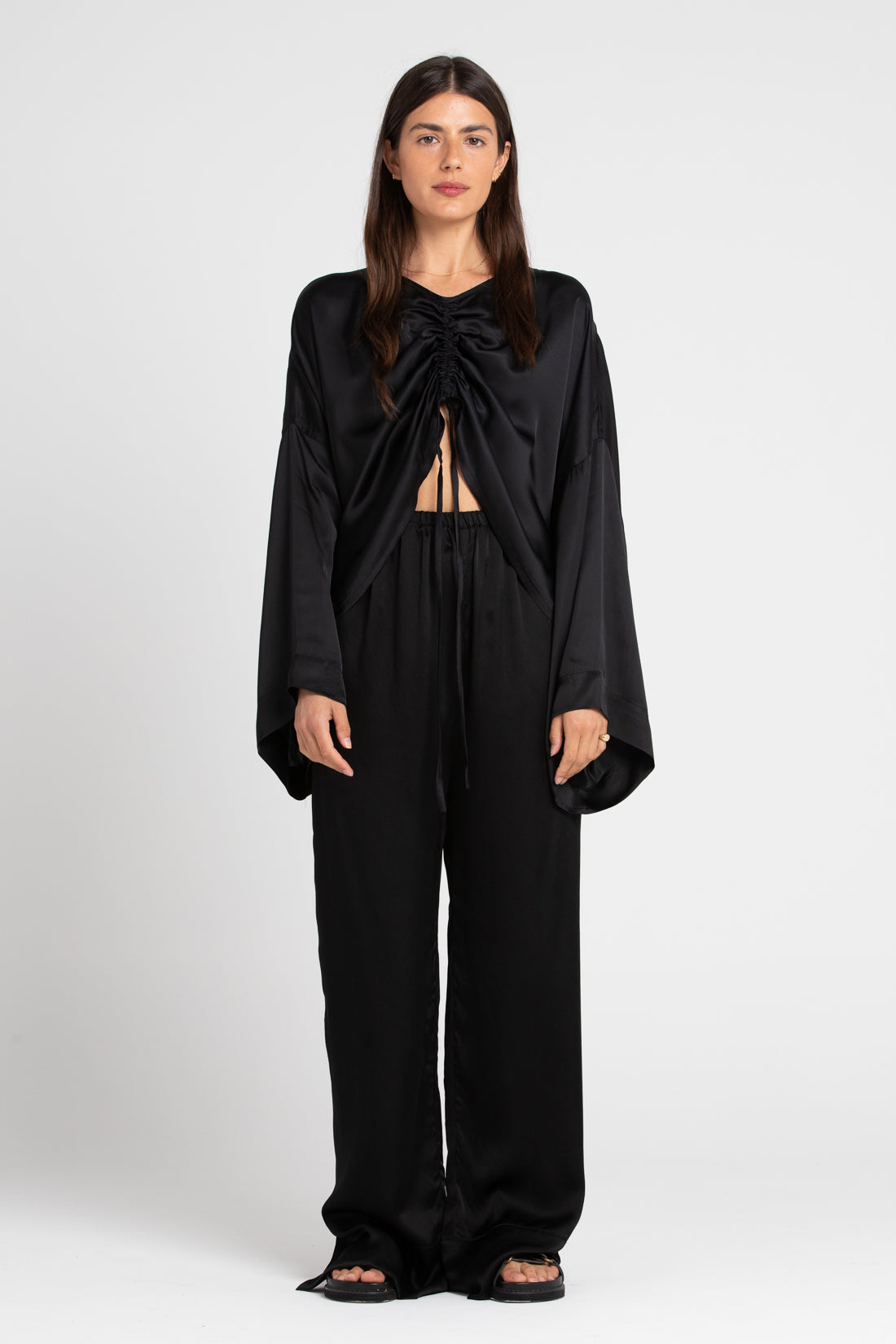 Black Ida Wide Leg Silk Pants, Women's Clothing, UNIKSPACE