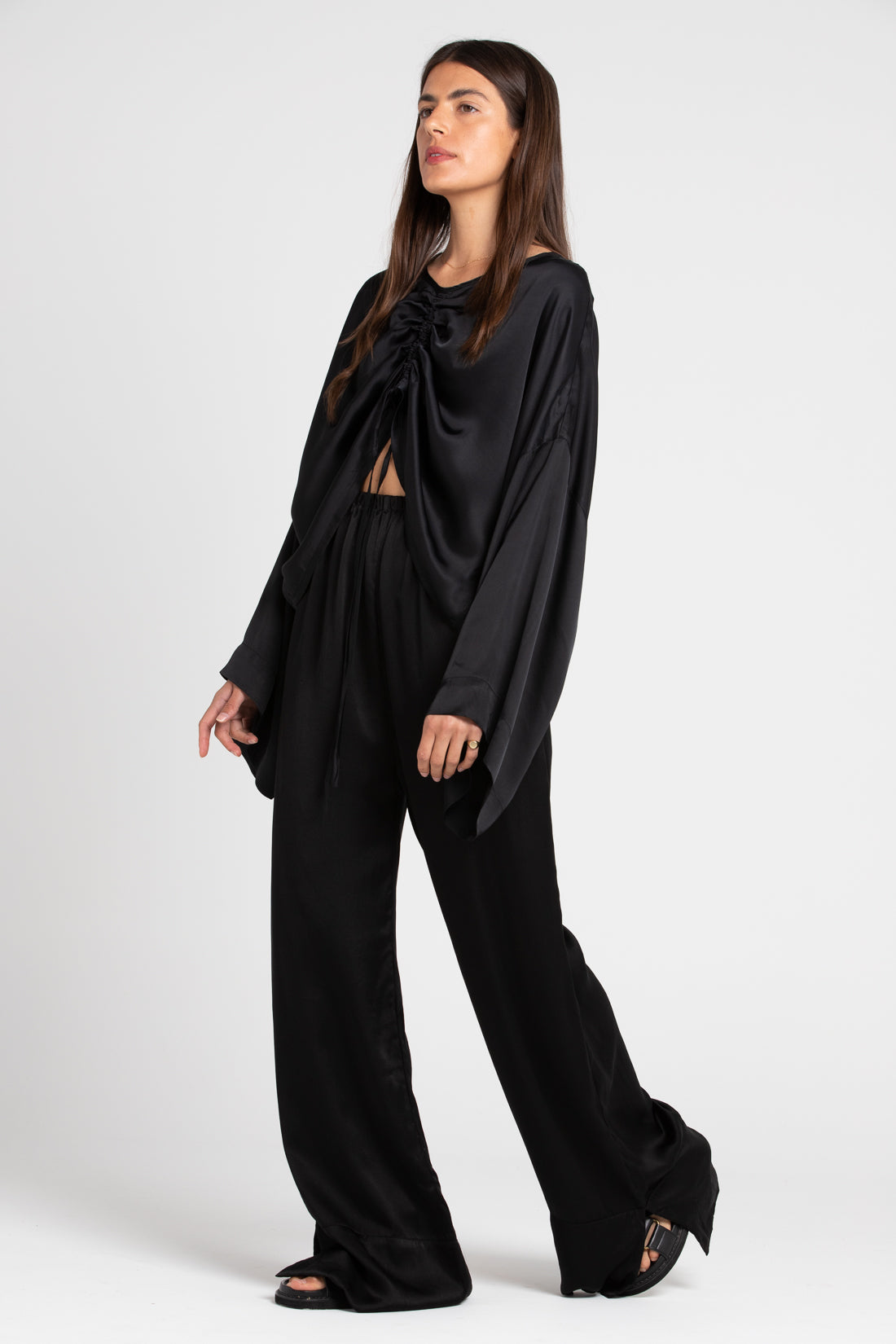 Black Ida Wide Leg Silk Pants, Women's Clothing, UNIKSPACE