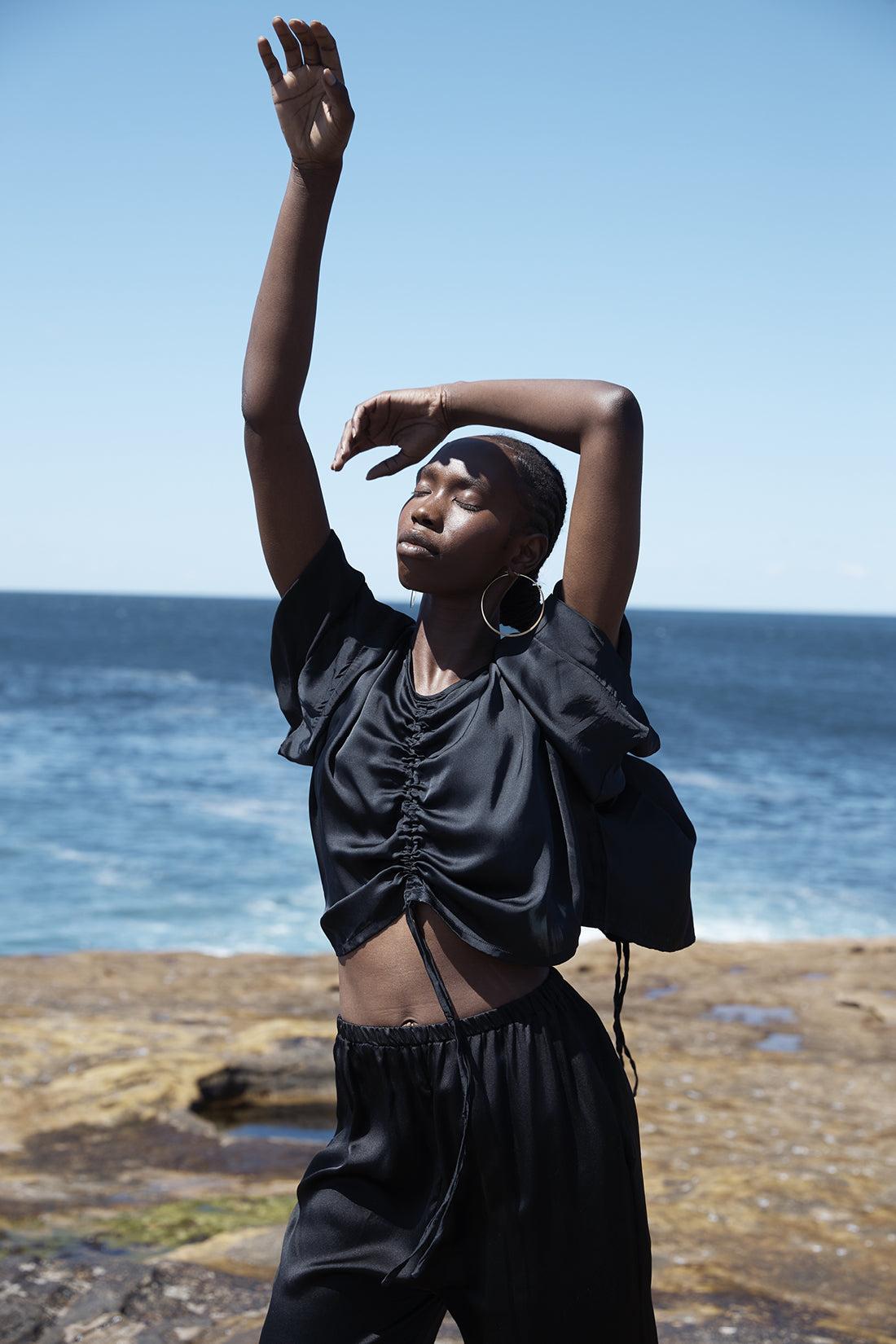 Black Ling Silk Blouse Long Sleeved Top, Women's Clothing, UNIKSPACE