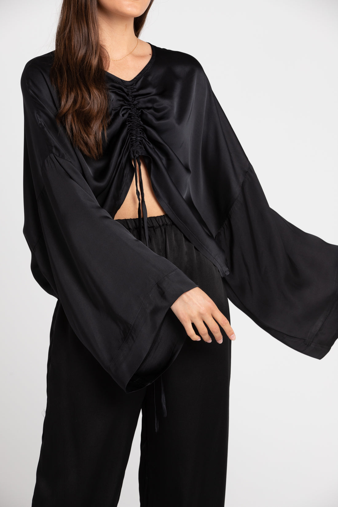 Black Ling Silk Blouse Long Sleeved Top, Women's Clothing, UNIKSPACE