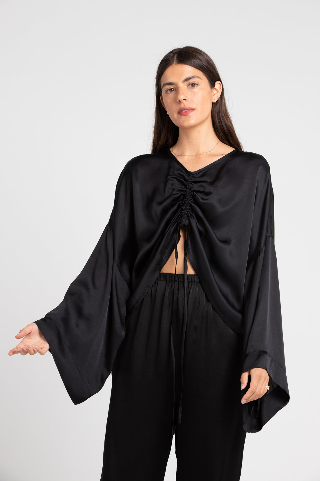 Black Ling Silk Blouse Long Sleeved Top, Women's Clothing, UNIKSPACE