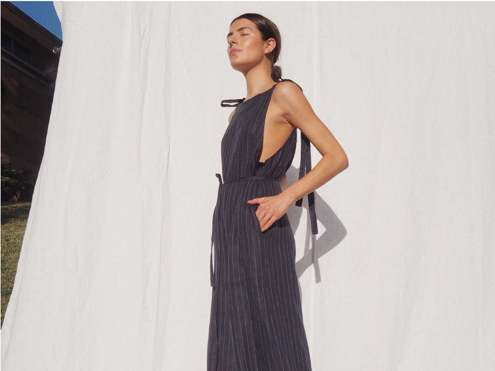 Wilde herringbone linen jumpsuit in navy pinstripe - UNIK by us