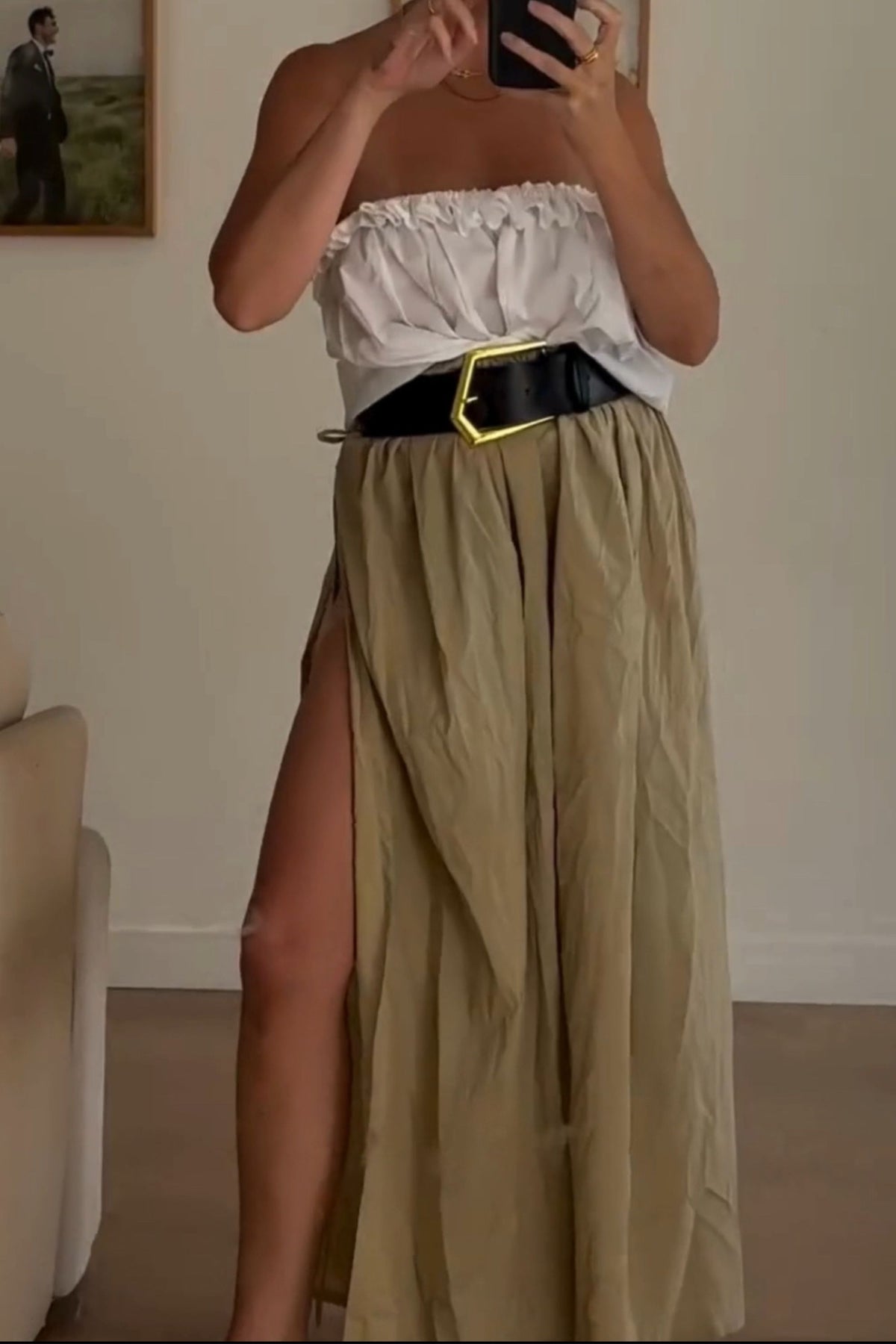 Maya skirt in Ice coffee worn with a strapless top and wide leather belt