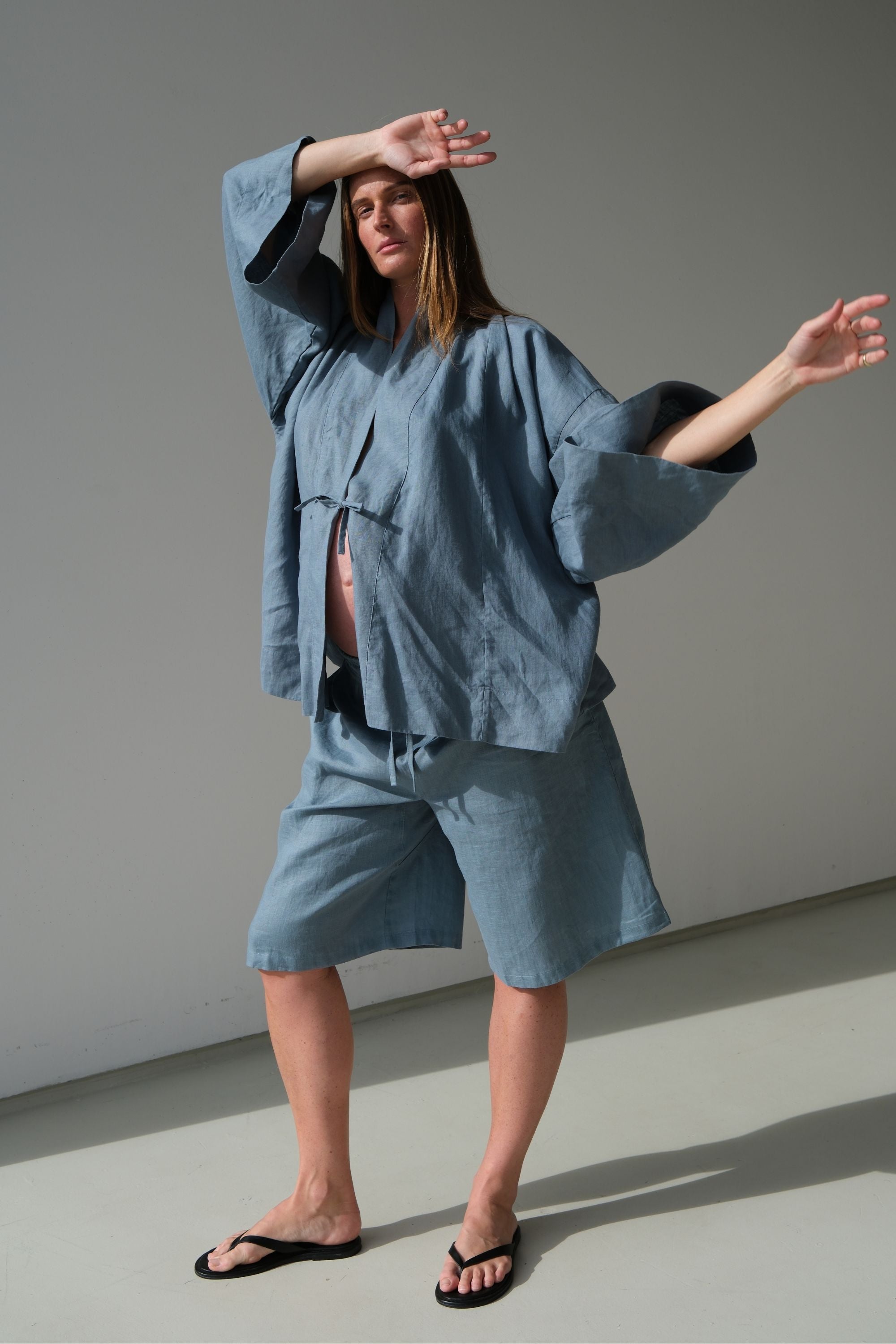 未使用✨オーエムエムオー LINEN SHORT ALL IN ONE　24SS Koko Linen Shorts, Steel Blue | Wide Leg High-Rise