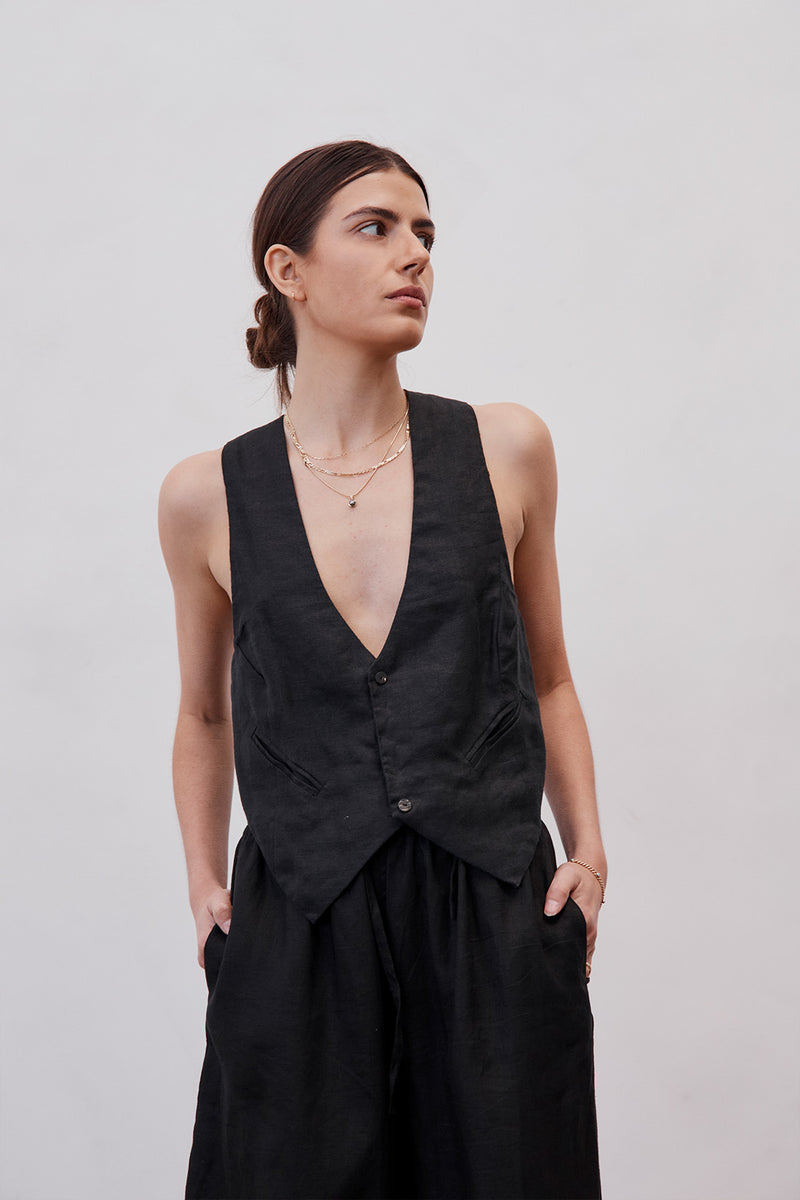 Gladys Tailored Linen & Silk Vest Black