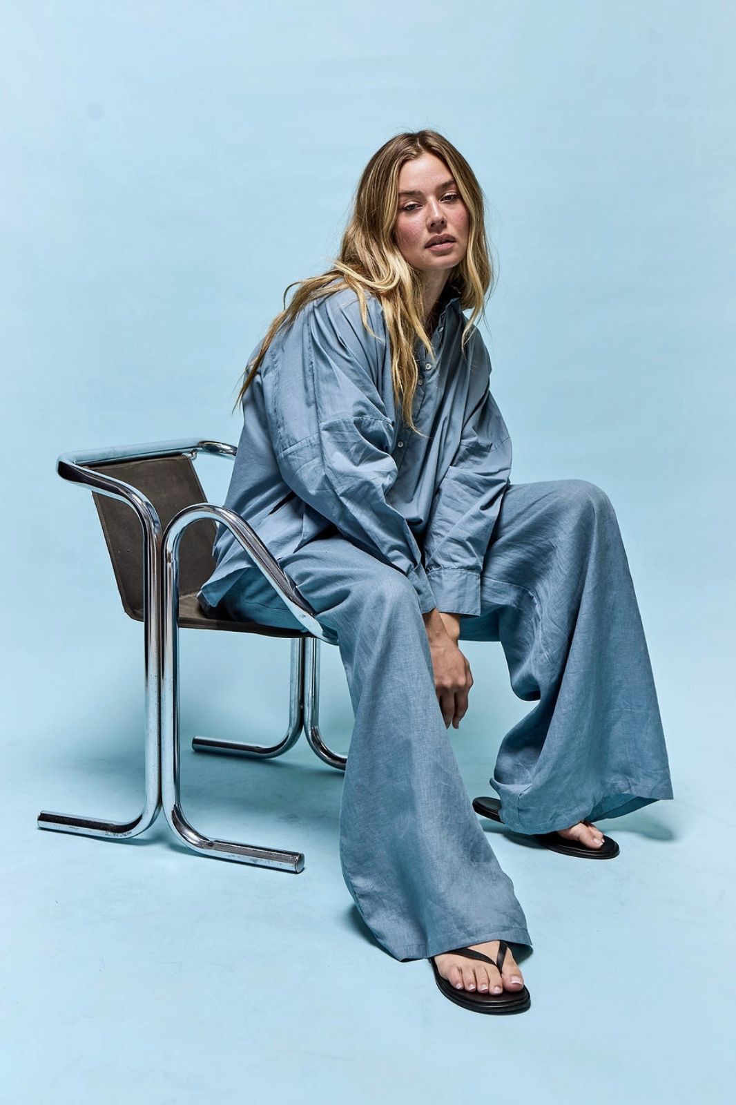 Jonathan Wide Leg Linen Pant Steel Blue