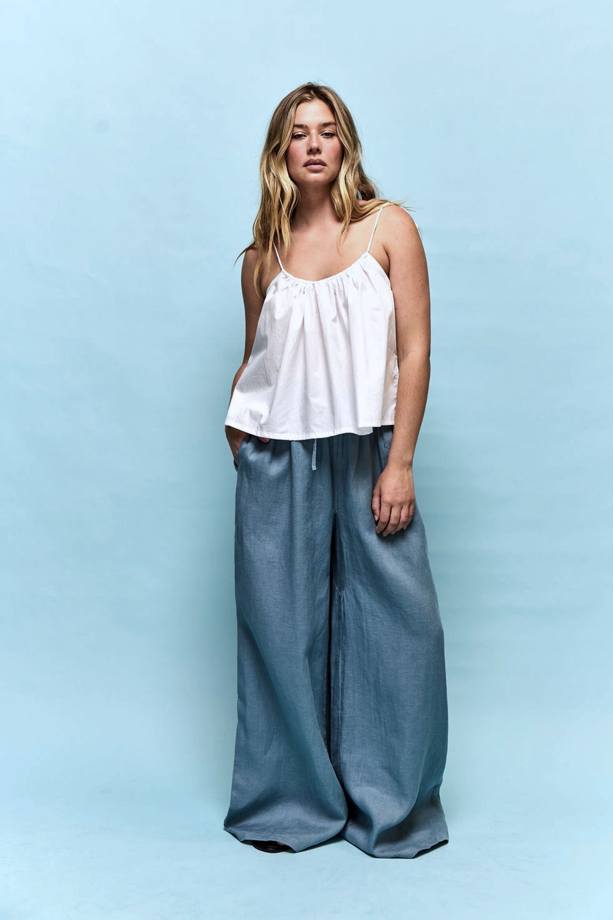 Jonathan Wide Leg Linen Pant Steel Blue