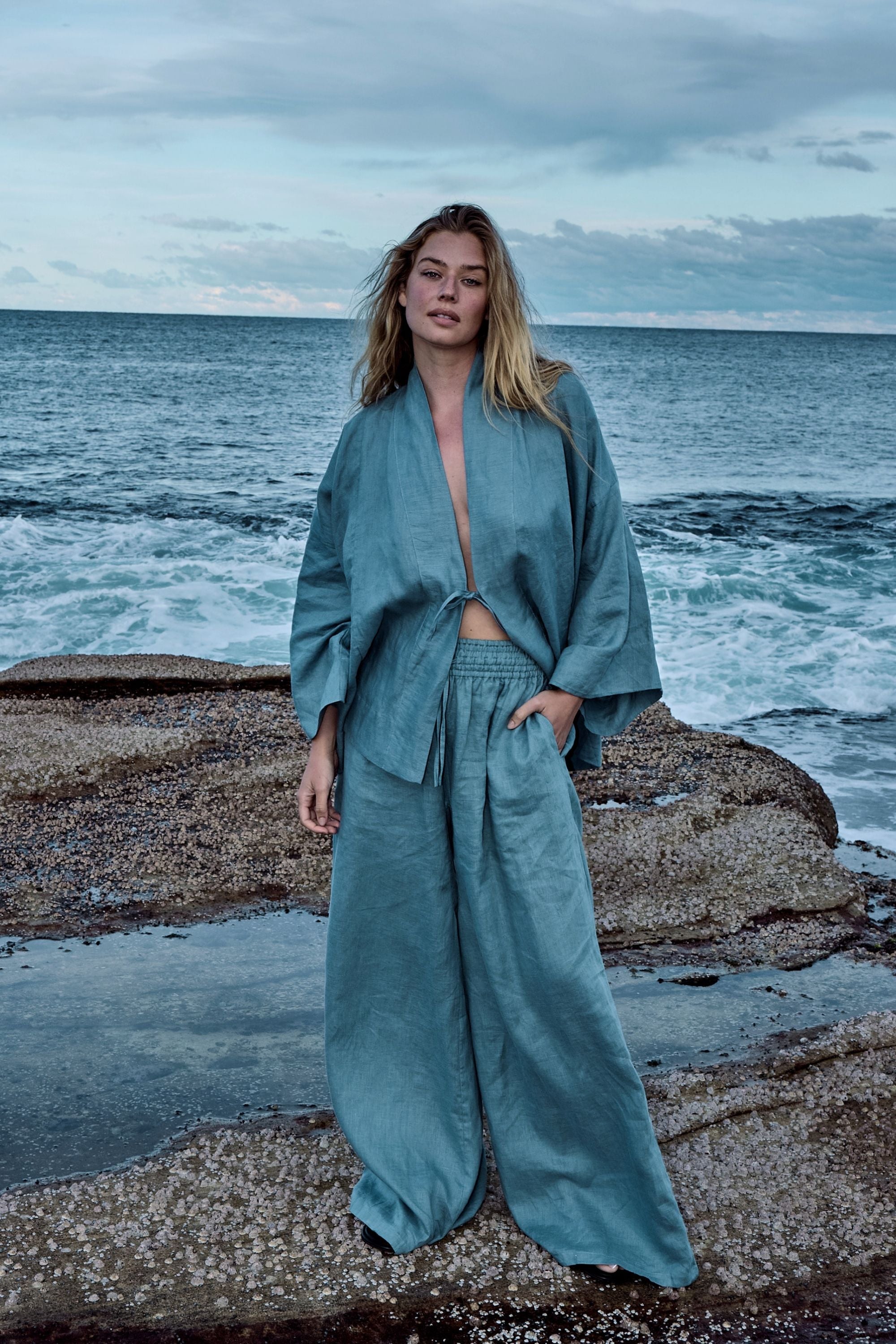 Jonathan Wide Leg Linen Pant Steel Blue