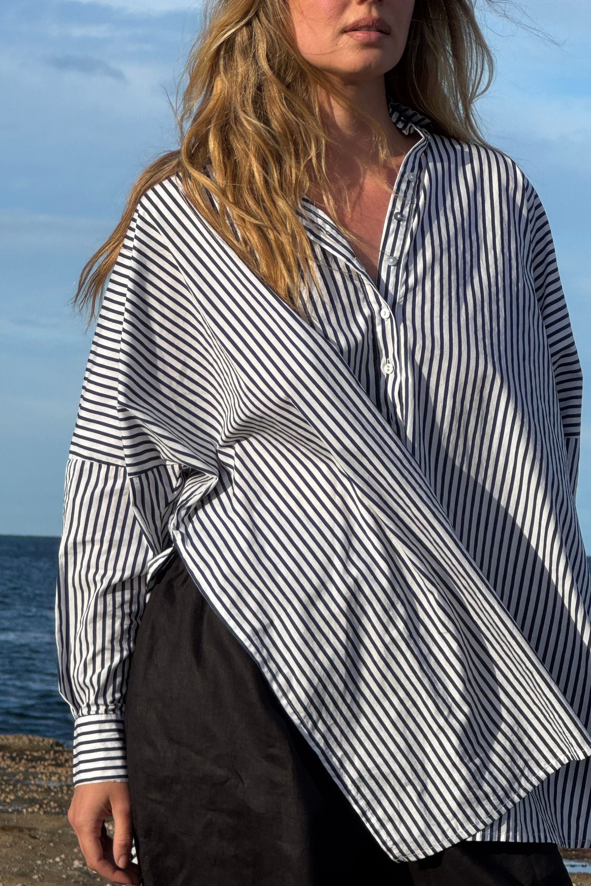 Oscar Oversized Cotton Poplin Shirt Midnight Stripe