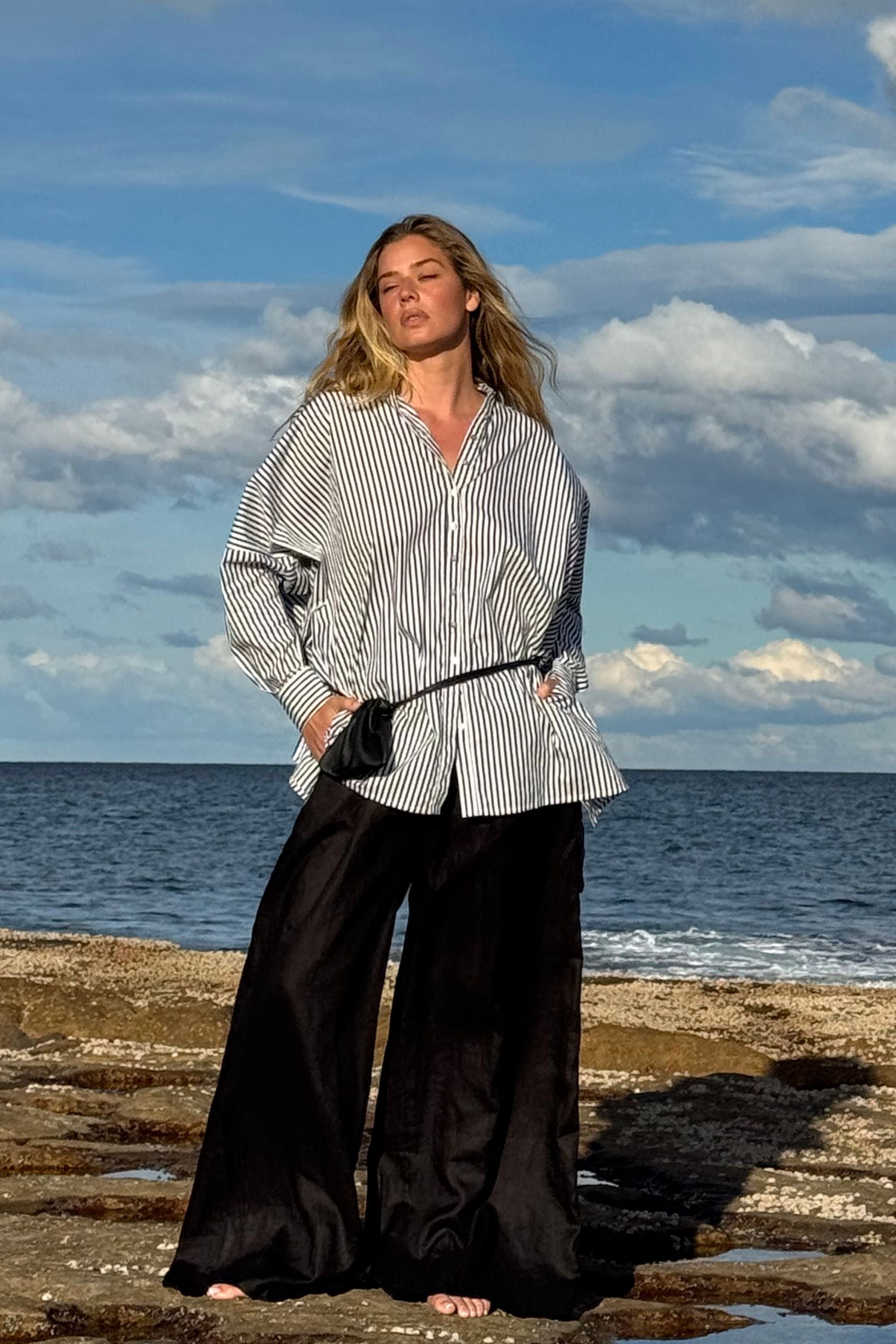 Oscar Oversized Cotton Poplin Shirt Midnight Stripe