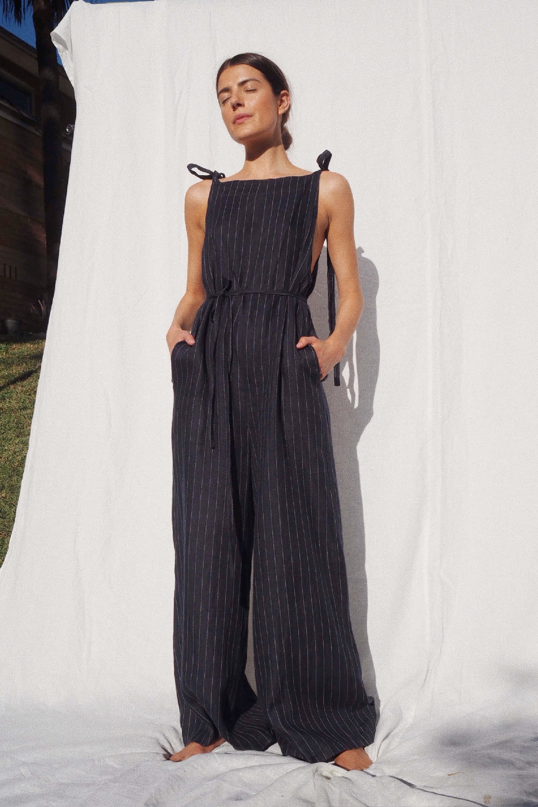 Wilde Linen Jumpsuit Navy Pinstripe