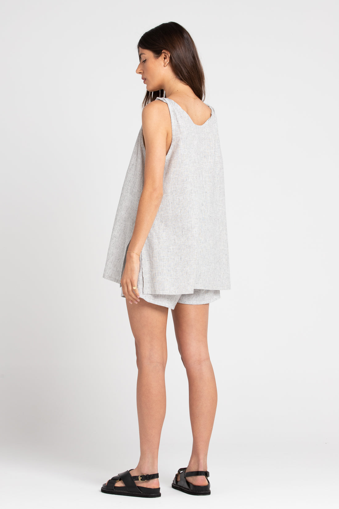 Grey Stripe Burns Twisted Strap Linen Top, Women's Clothing, UNIKSPACE