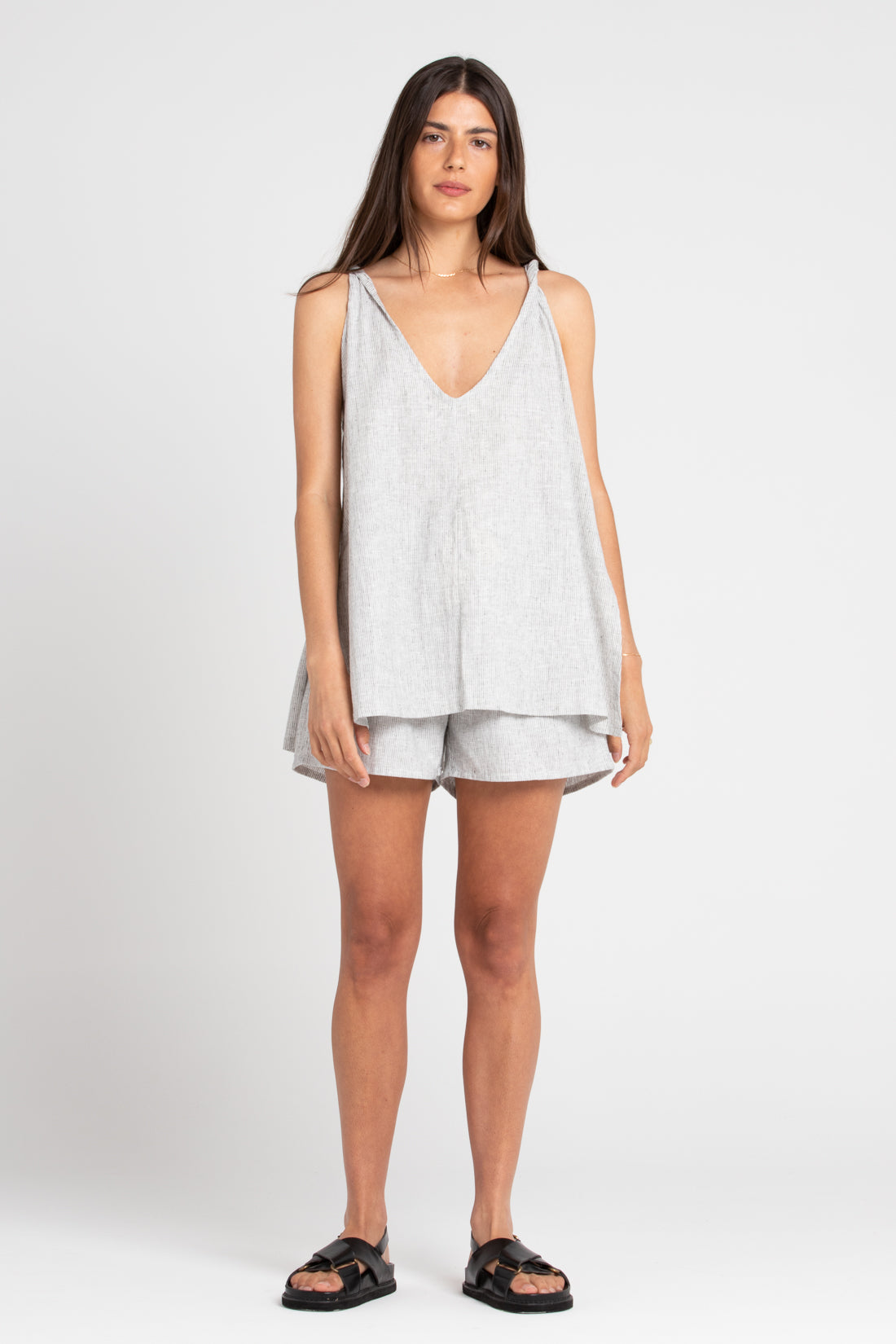 Grey Stripe Burns Twisted Strap Linen Top, Women's Clothing, UNIKSPACE