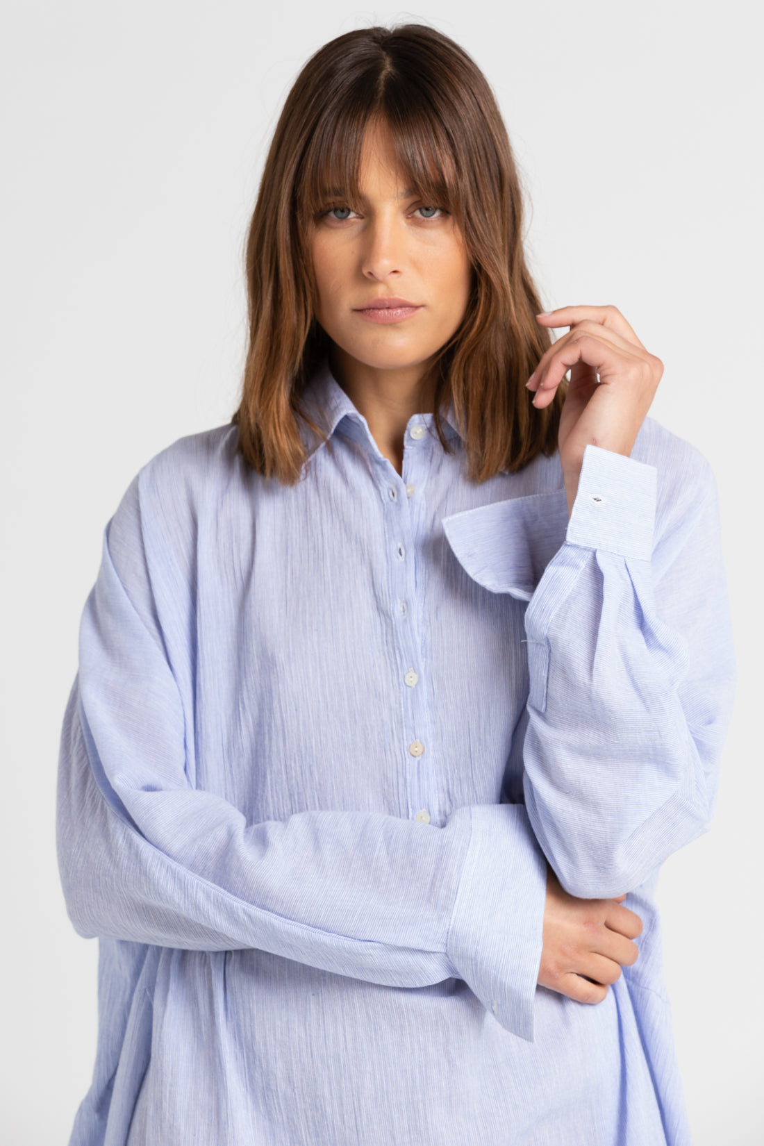 Light Blue Pinstripe Byron Oversized Cotton Shirt, Women's Clothing, UNIKSPACE