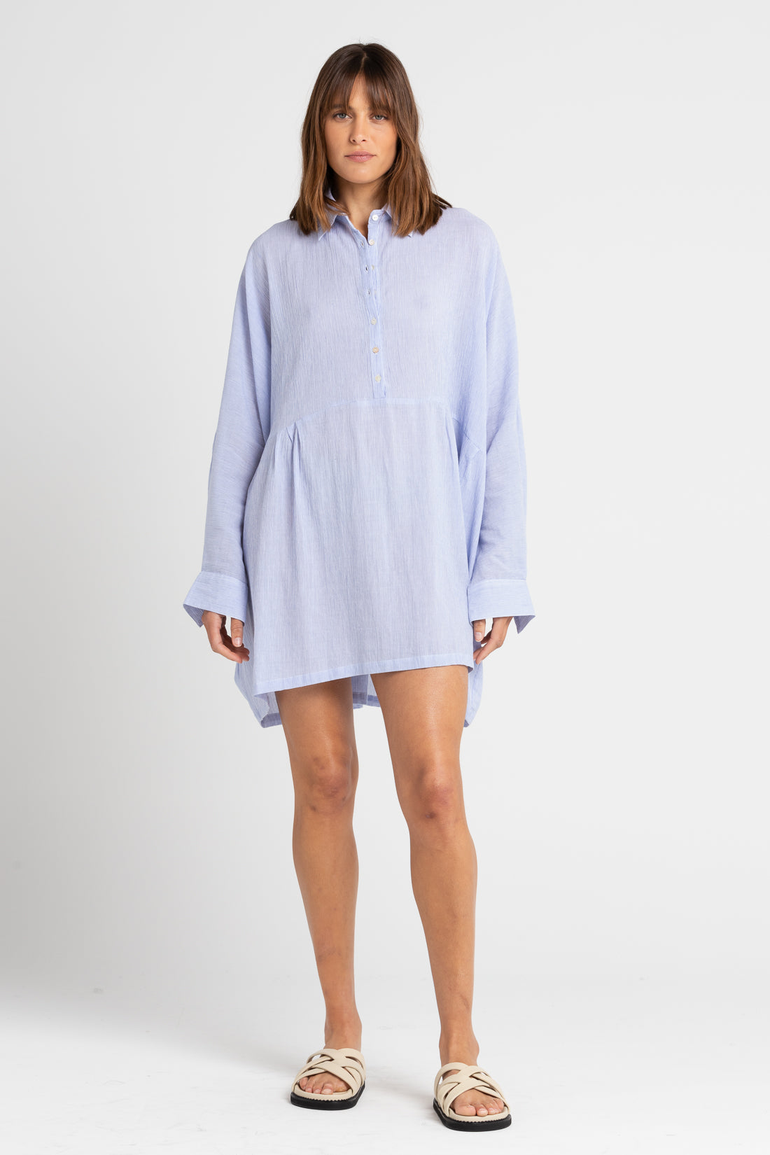 Light Blue Pinstripe Byron Oversized Cotton Shirt, Women's Clothing, UNIKSPACE