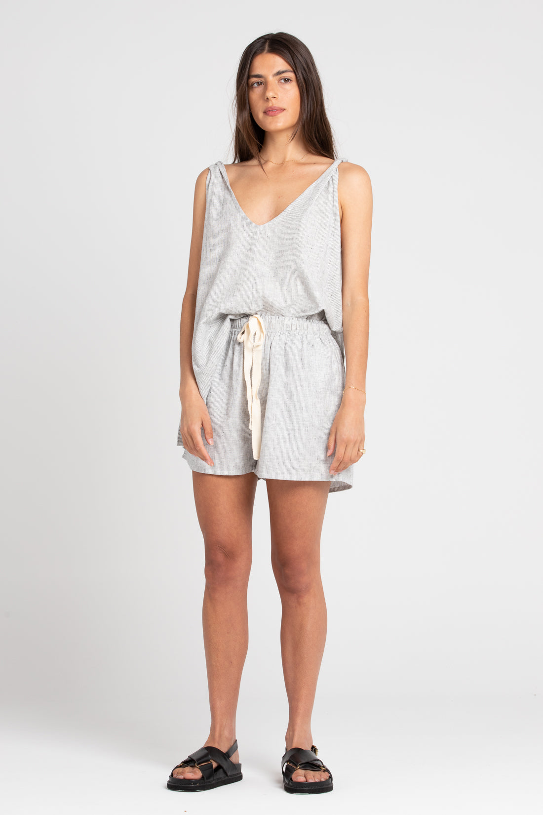 Grey Stripe Cooper Cotton Shorts, Women's Clothing, UNIKSPACE