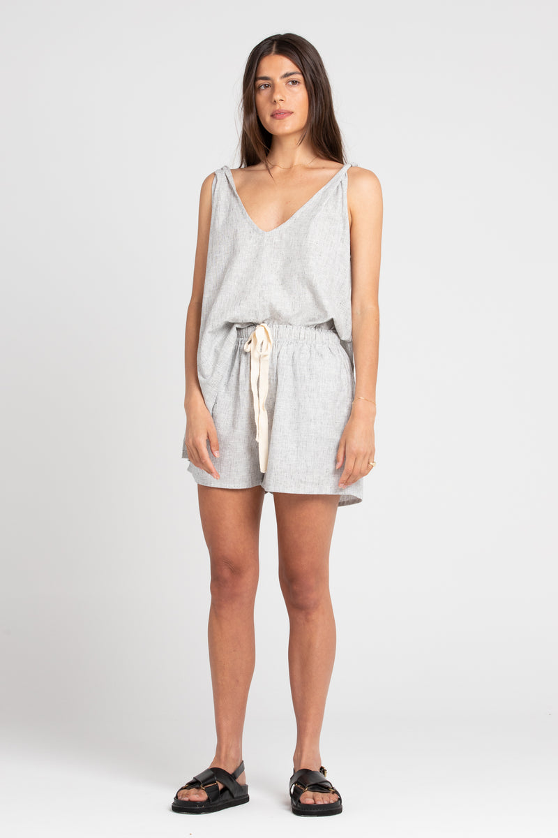 Grey Stripe Burns Twisted Strap Linen Top, Women's Clothing, UNIKSPACE