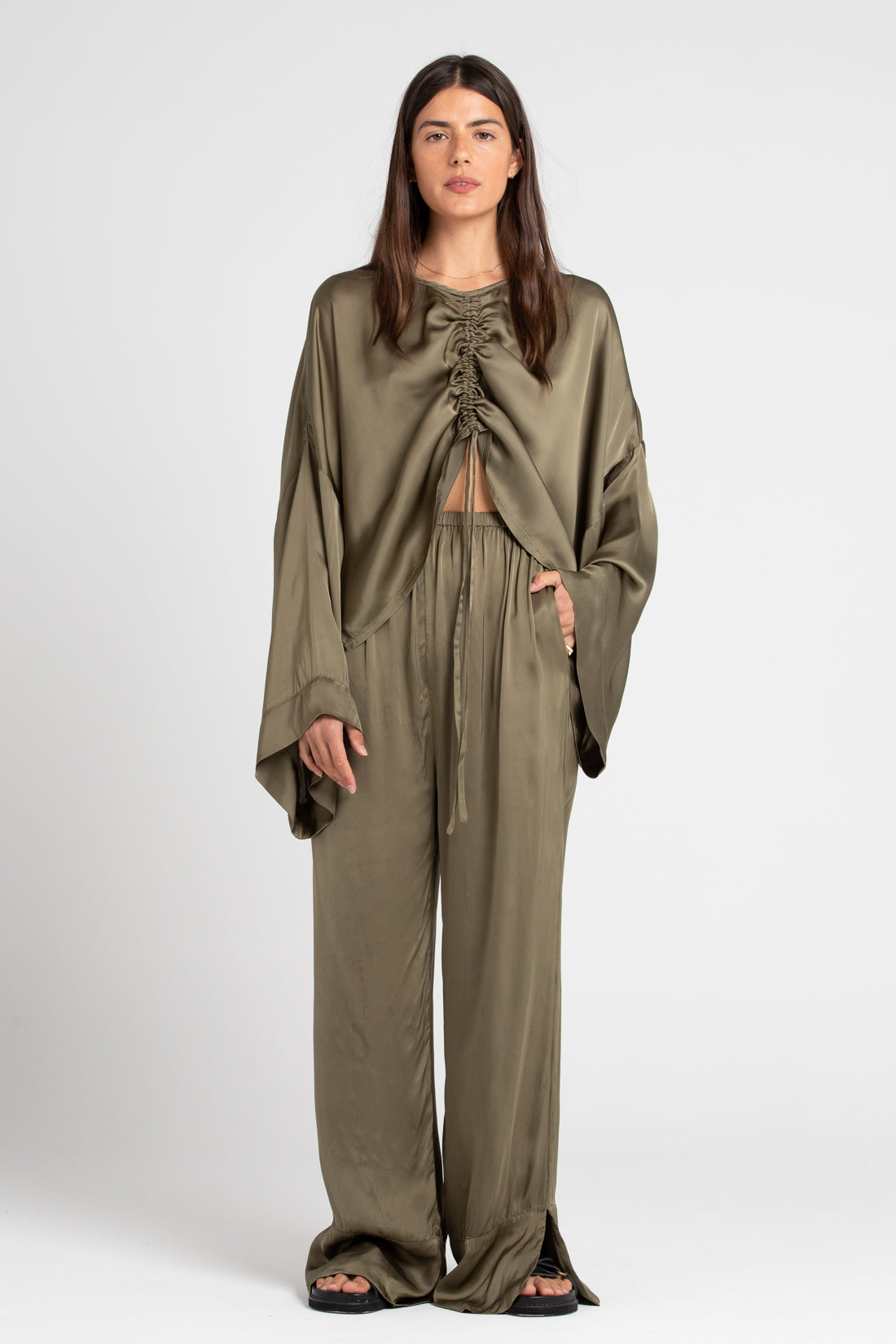 Olive Ida Wide Leg Silk Pants, Women's Clothing, UNIKSPACE