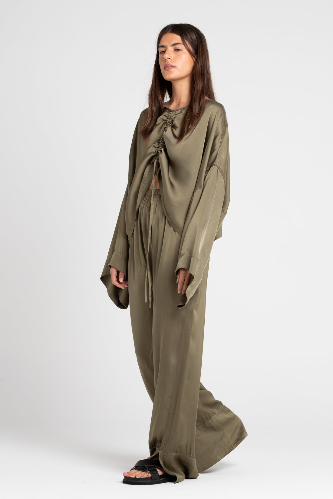 Olive Ida Wide Leg Silk Pants, Women's Clothing, UNIKSPACE