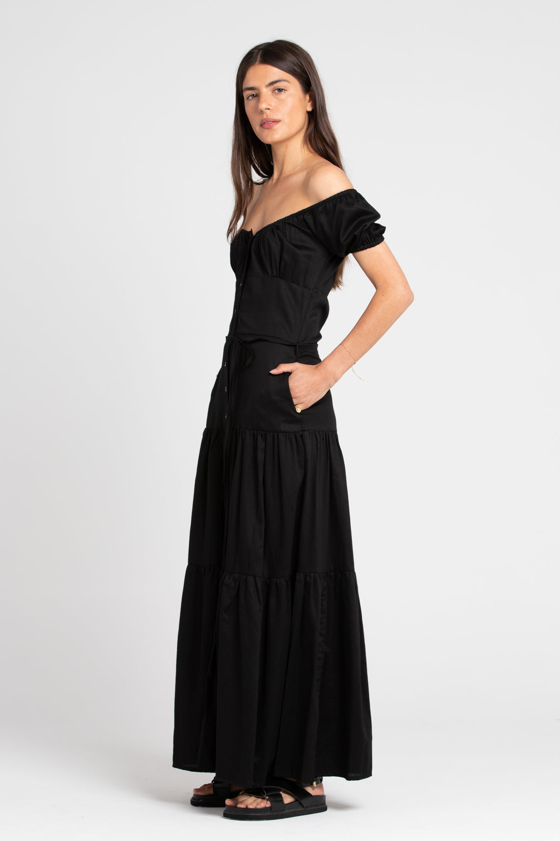 Black Isabella Off The Shoulder Midi Dress, Women's Clothing, UNIKSPACE