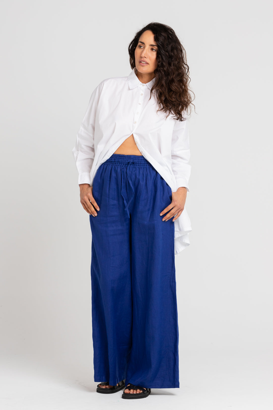 Pop Blue Jonathan Wide Leg Linen Pants, Women's Clothing, UNIKSPACE