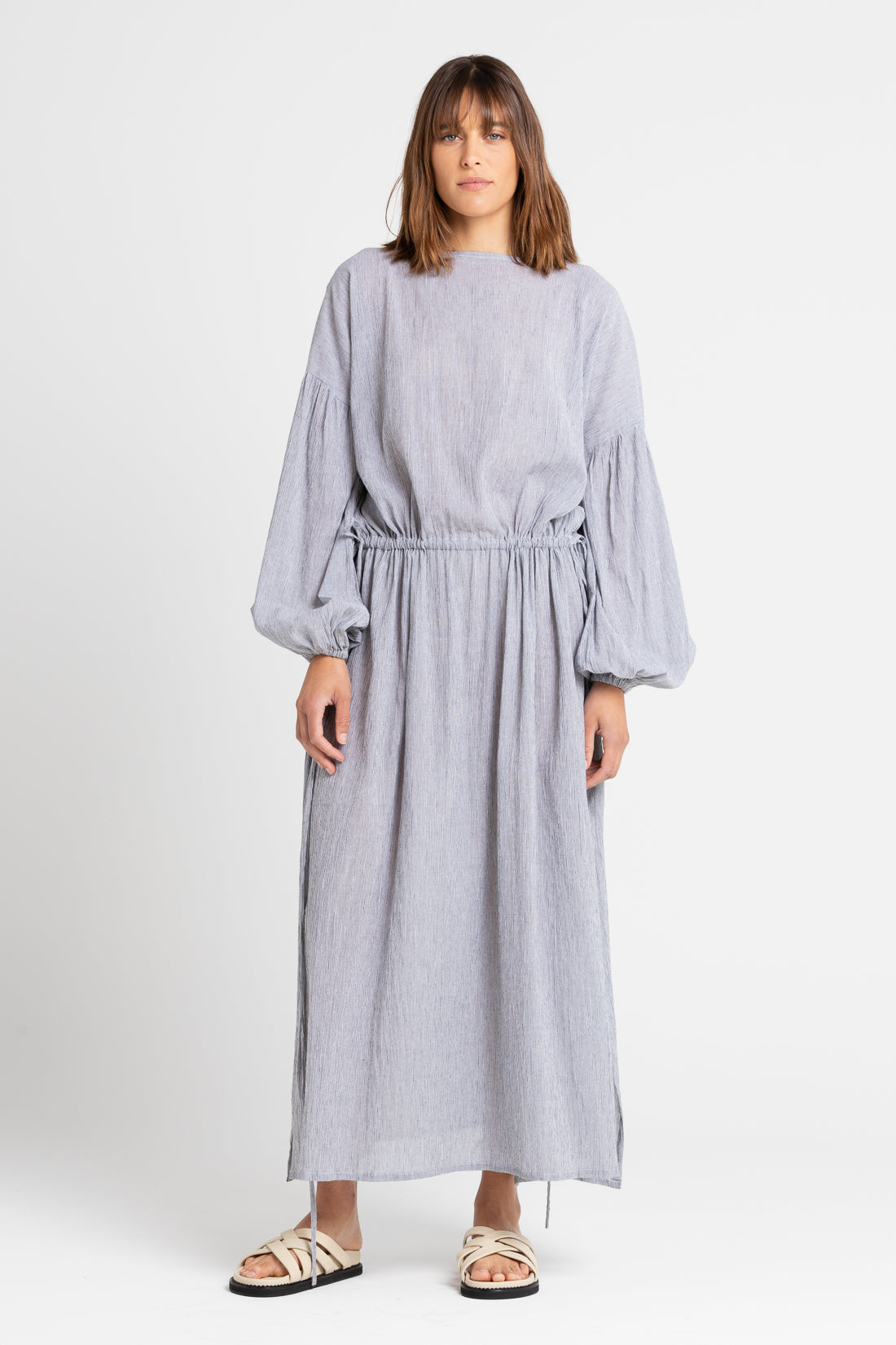 Black Pinstripe Kaspara Billowed Sleeve Maxi Dress, Women's Clothing, UNIKSPACE