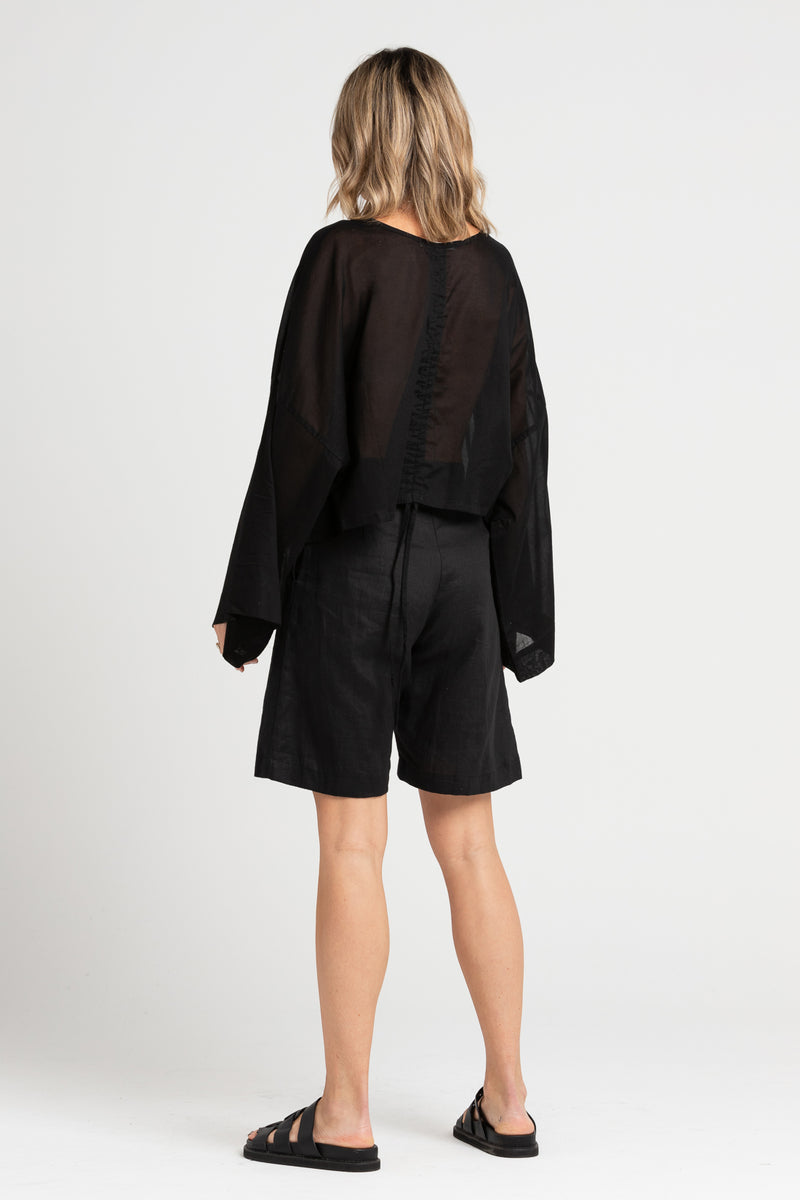 Black Ling Square Long Sleeved Top, Women's Clothing, UNIKSPACE