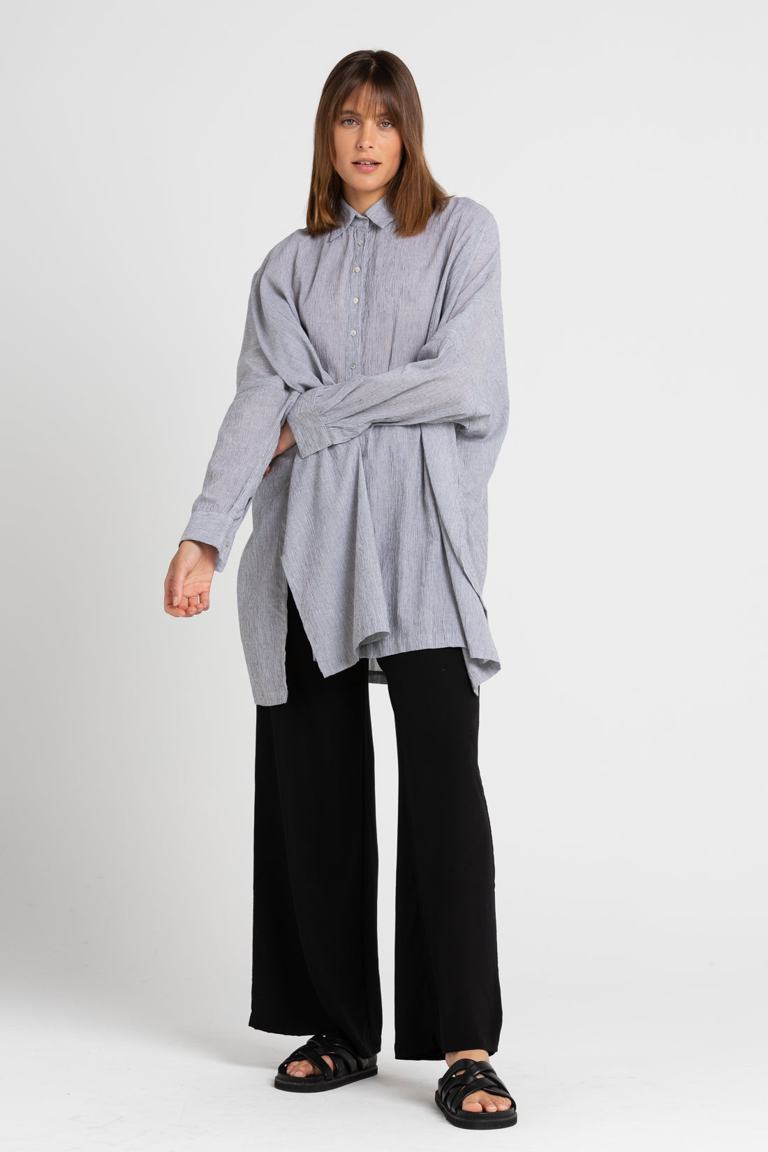 Black Pinstripe Oscar Oversized Shirt, Women's Clothing, UNIKSPACE
