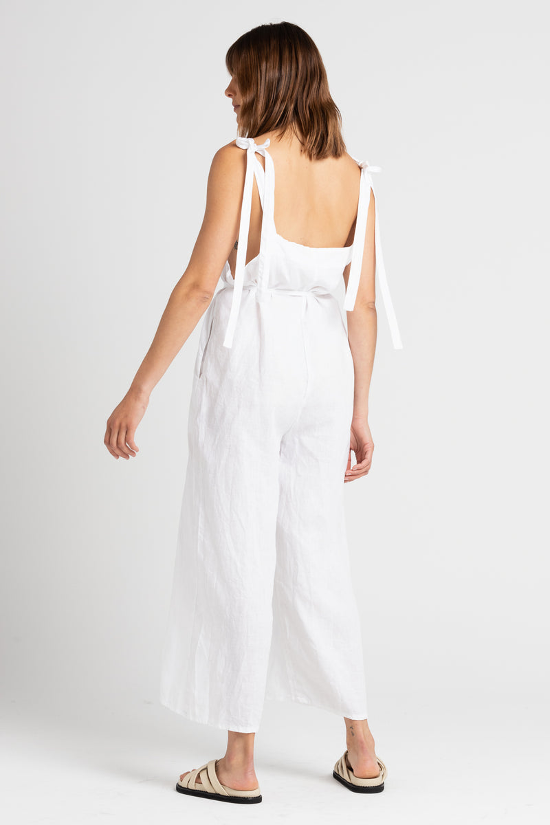 White Turner Cropped Jumpsuit, Women's Linen Clothing, UNIKSPACE