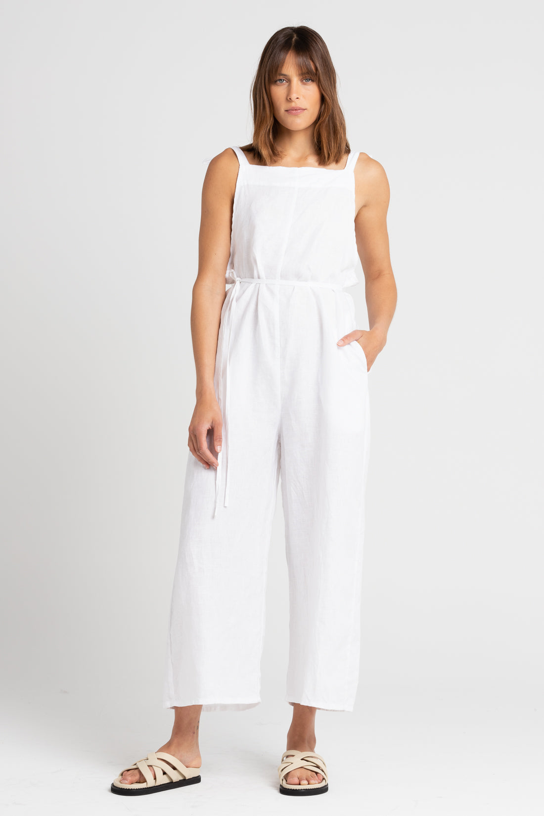 White Turner Cropped Jumpsuit, Women's Linen Clothing, UNIKSPACE