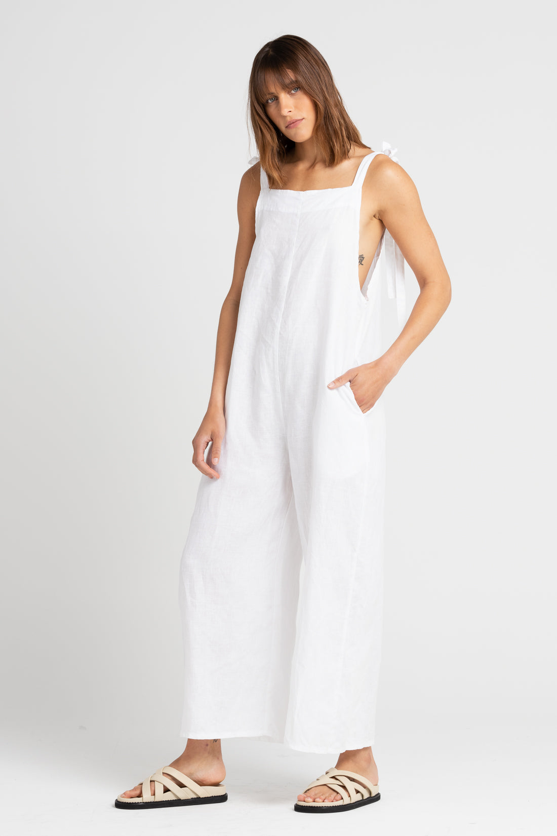 White Turner Cropped Jumpsuit, Women's Linen Clothing, UNIKSPACE