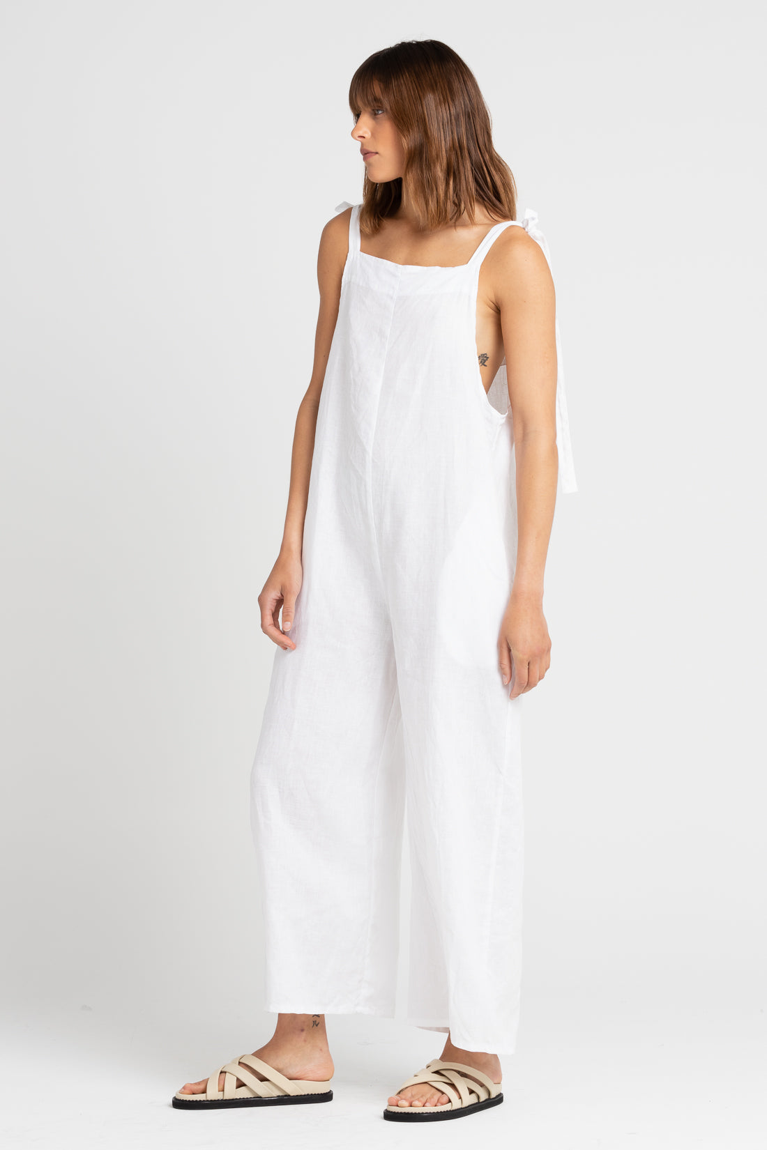 White Turner Cropped Jumpsuit, Women's Linen Clothing, UNIKSPACE