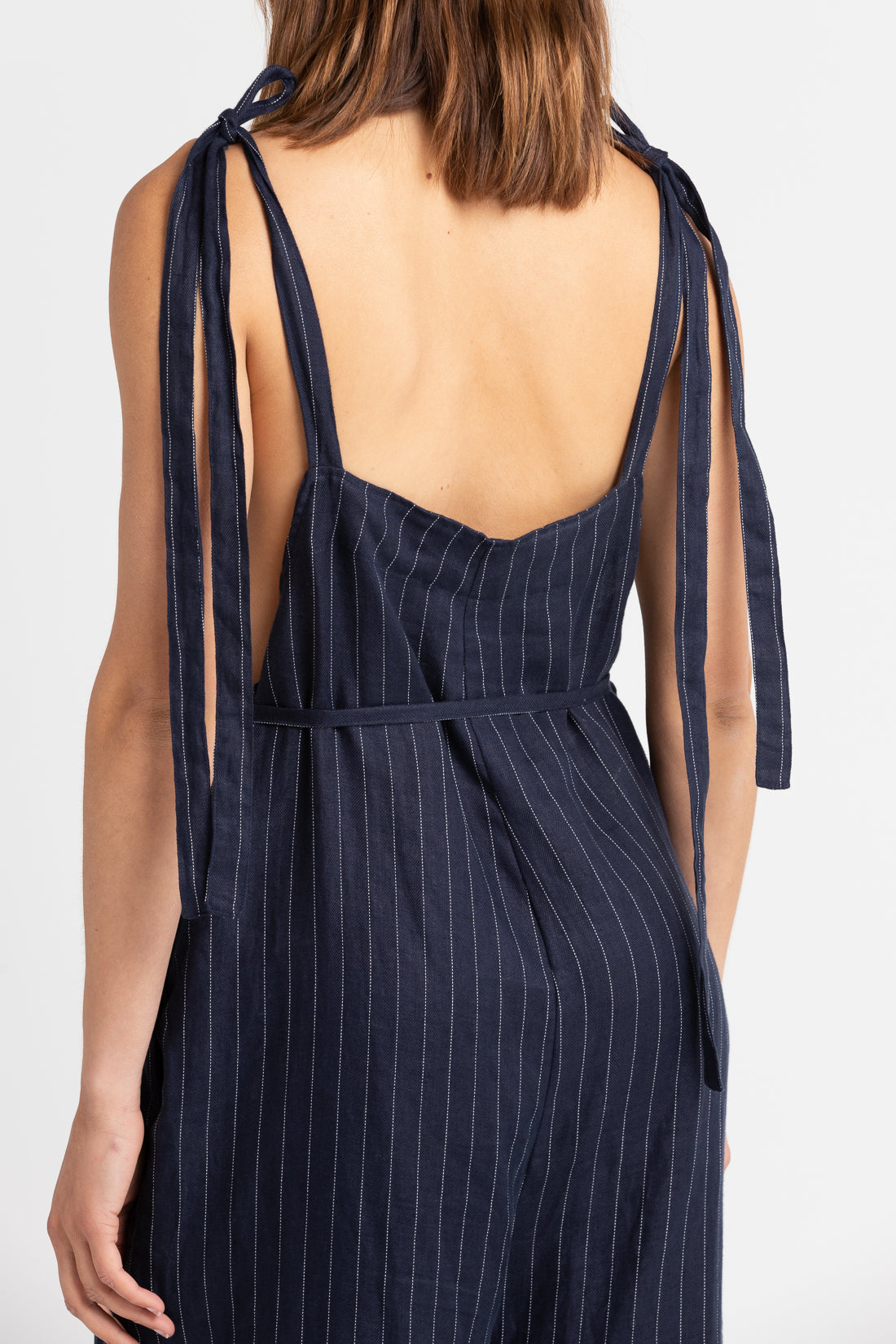 Navy Pinstripe Wilde Wide Leg Jumpsuit, Women's Linen Clothing, UNIKSPACE