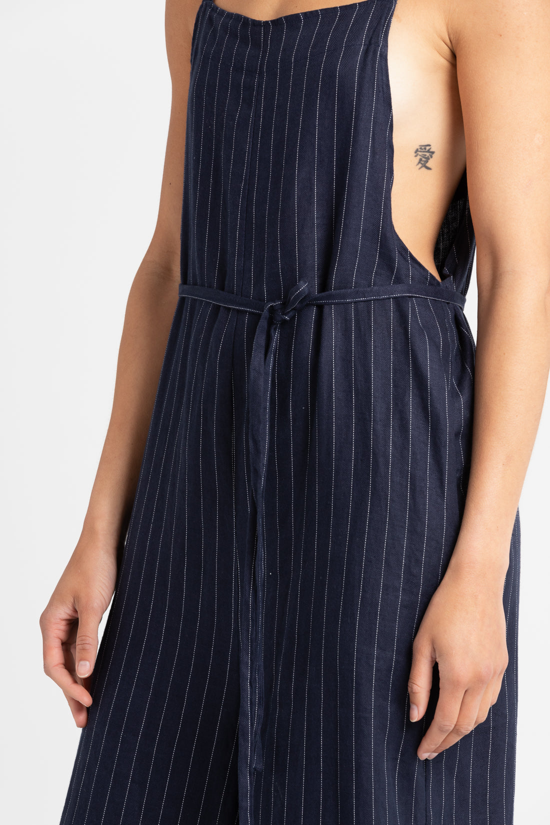 Navy Pinstripe Wilde Wide Leg Jumpsuit, Women's Linen Clothing, UNIKSPACE