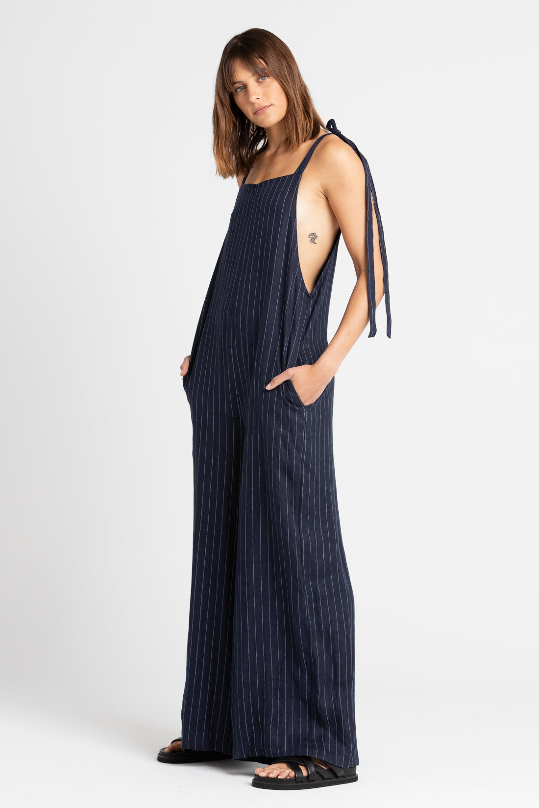 Navy Pinstripe Wilde Wide Leg Jumpsuit, Women's Linen Clothing, UNIKSPACE