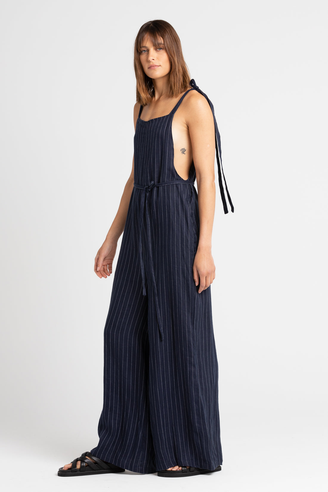 Navy Pinstripe Wilde Wide Leg Jumpsuit, Women's Linen Clothing, UNIKSPACE