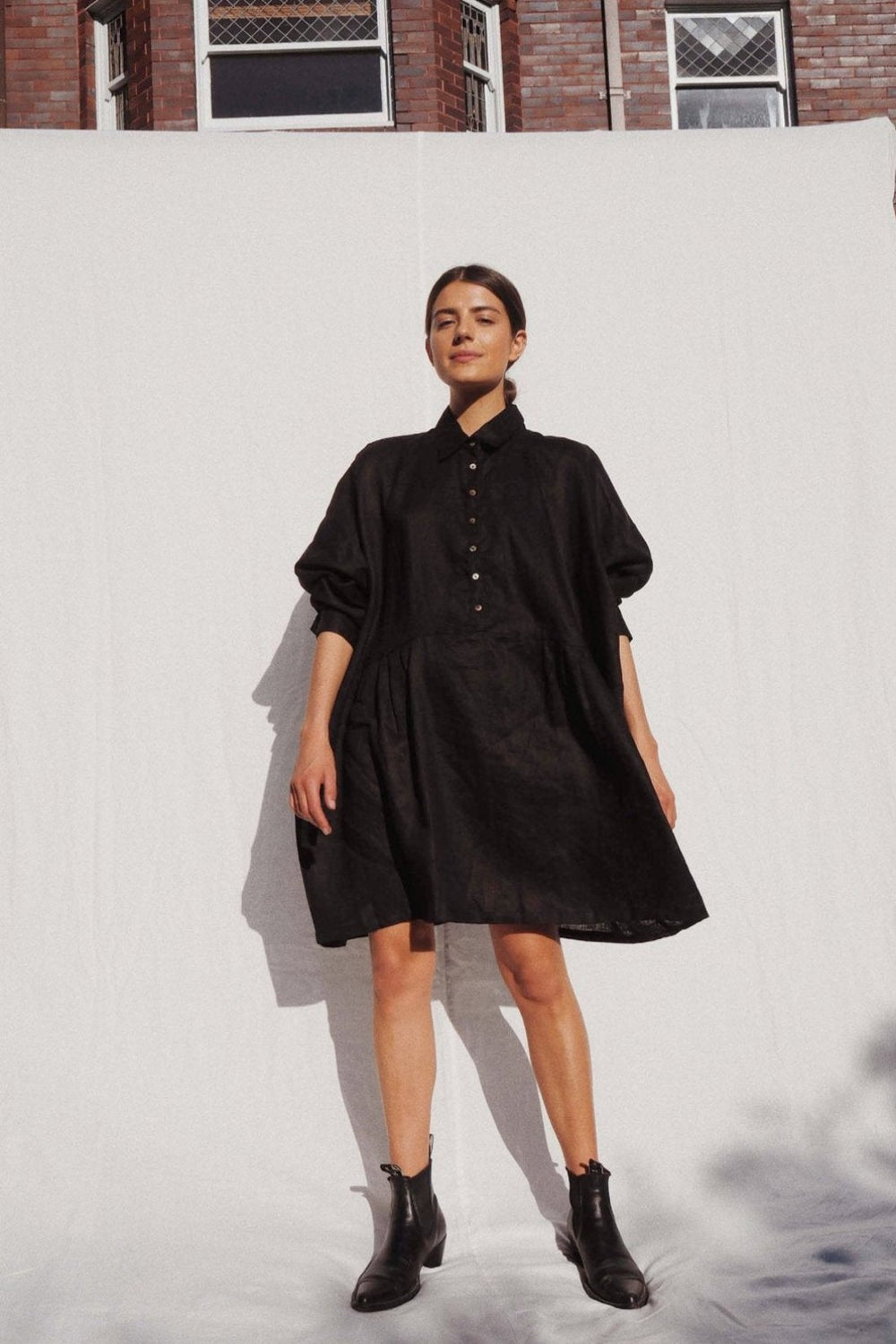 Oversized Linen Shirt Dress - Yellow